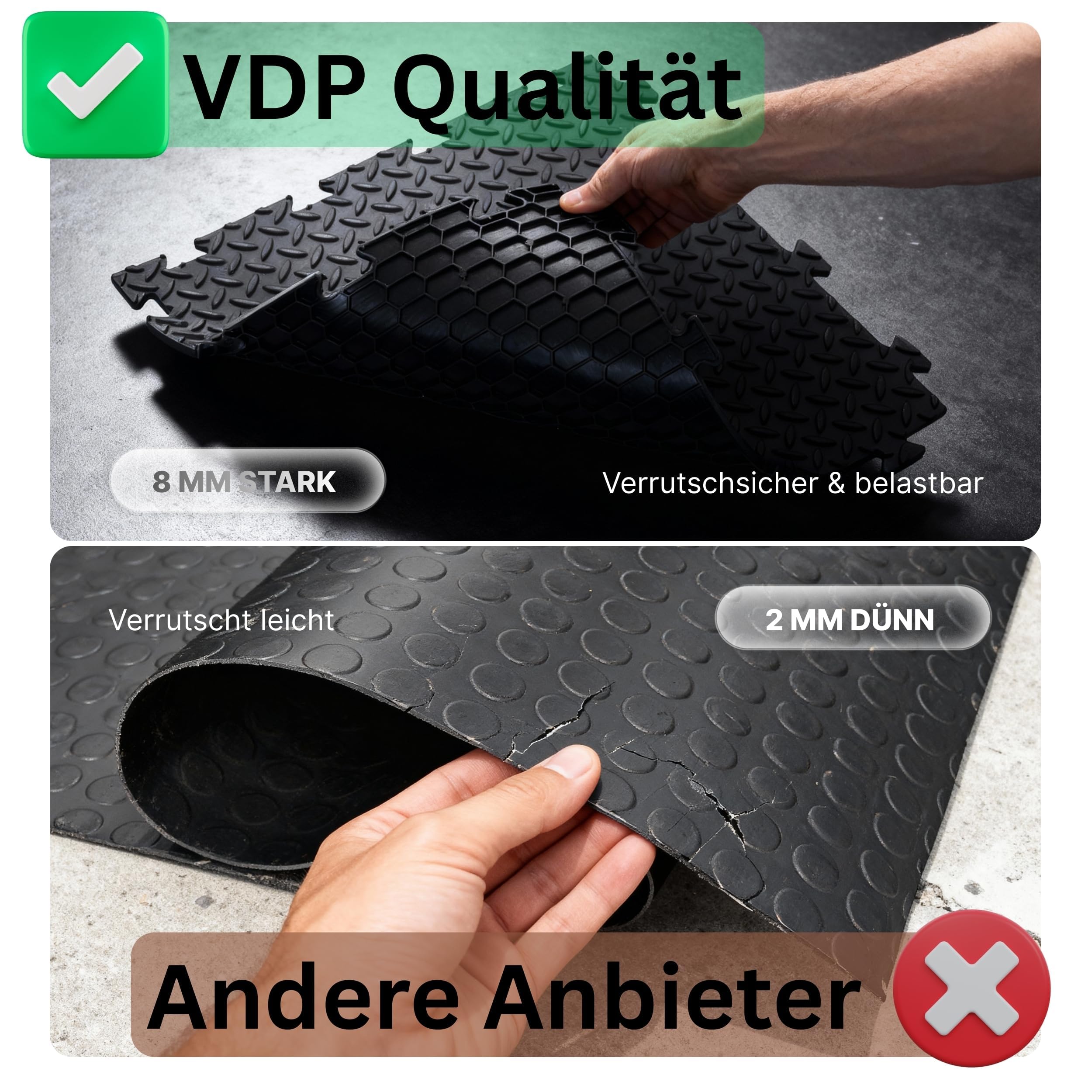 20x Gewerbeboden PVC Fliesen Noppen 48x48cm - VDP I Garagenboden Fliesen I Garagenboden klickfliesen I Garagenfliesen I Industrieboden I Werkstattboden I rutschfest & wasserdicht schwarz