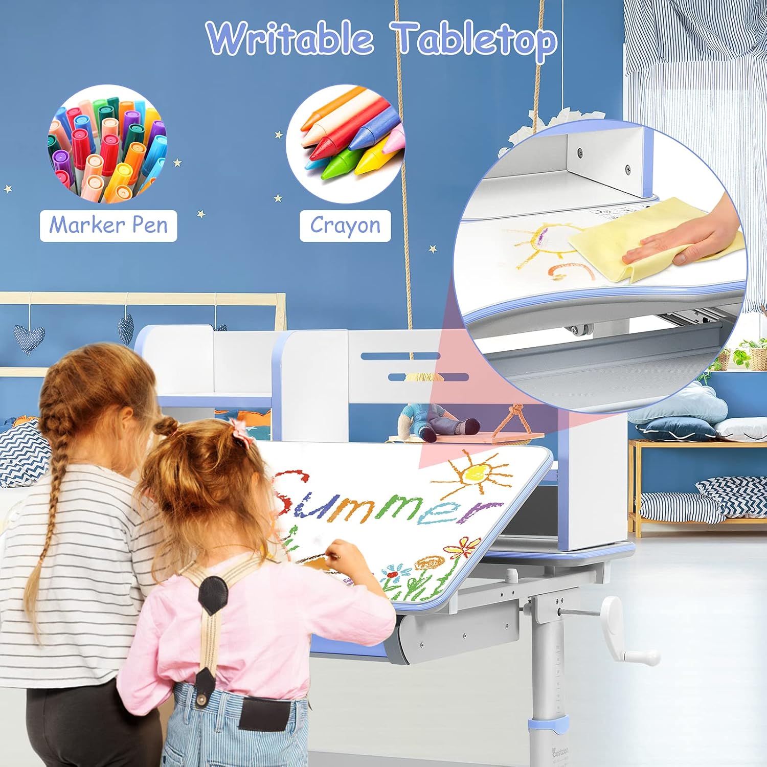 Costzon Kids Desk, Height Adjustable Children Study Desk w/Tilt Desktop, Storage Drawer, Book Shelf, Metal Hook, Writable Tabletop for Writing, Painting, Reading, Multifunctional Student Desk, Blue