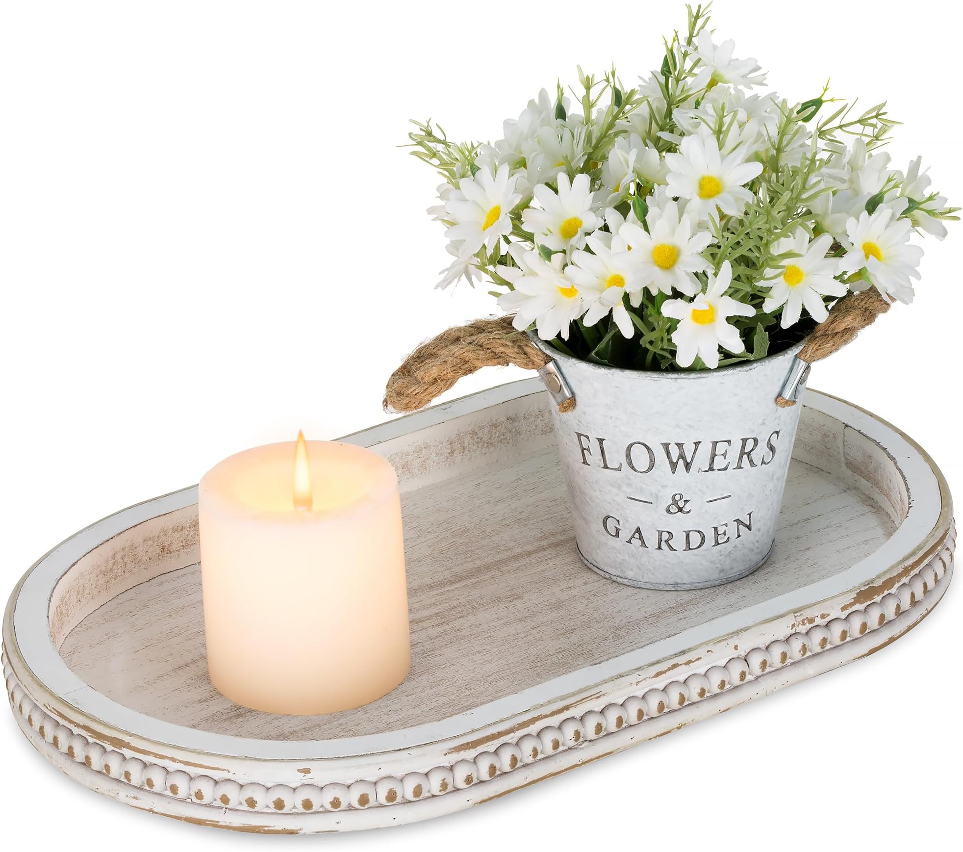 Hanobe Decorative Trays for Coffee Table : White Oval Centerpiece Tray Wood for Farmhouse Entry Table Decor Round Bathroom Tray for Living Room Kitchen Counter