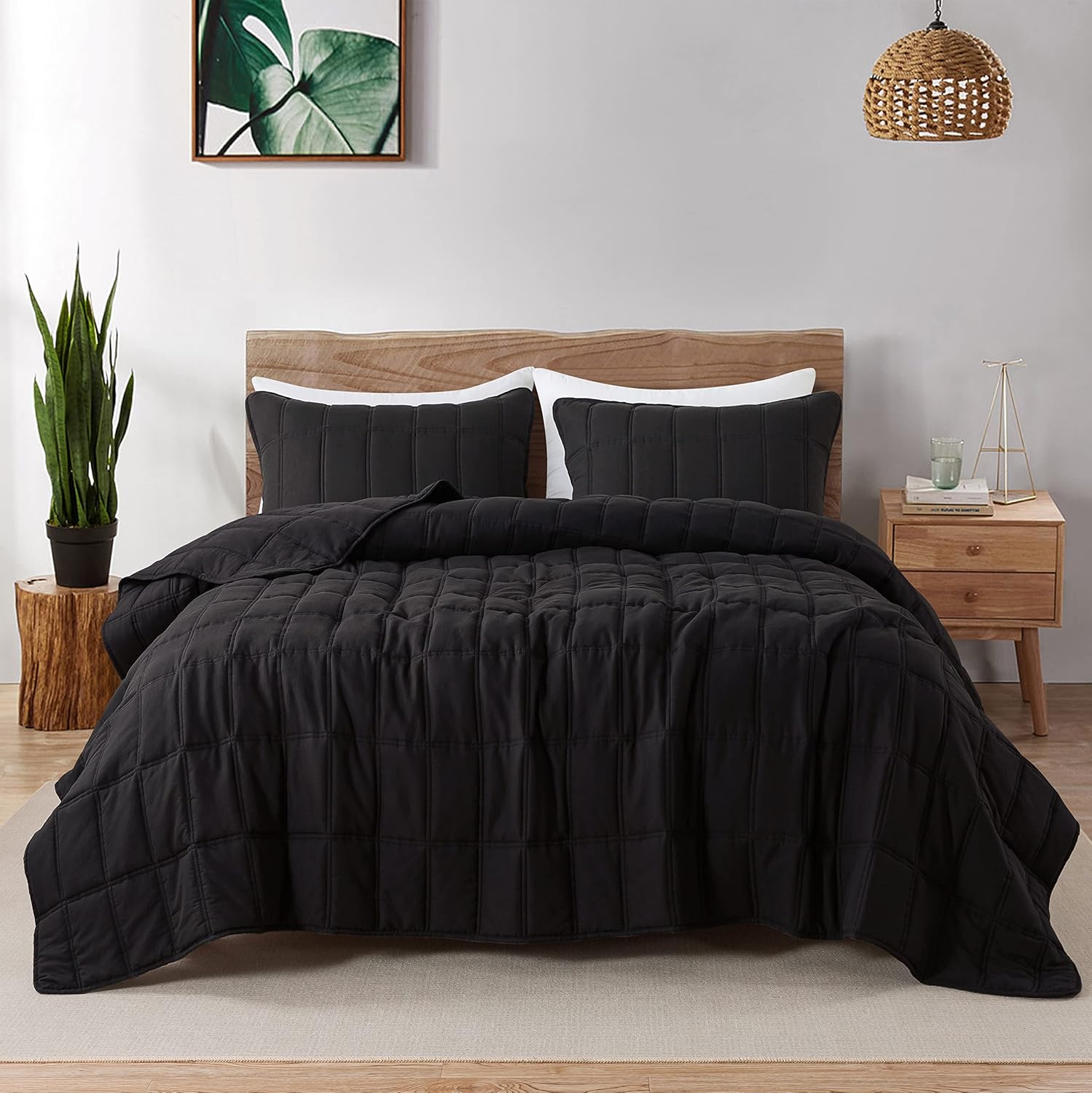 palassio Black Quilt King Size Bedding Sets with Pillow Shams, Lightweight Soft