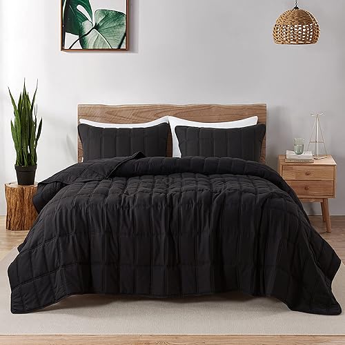 PALASSIO Juego de ropa de cama de tamaño Queen negro con fundas de almohada, colcha ligera y suave, manta fina acolchada para todas las estaciones,