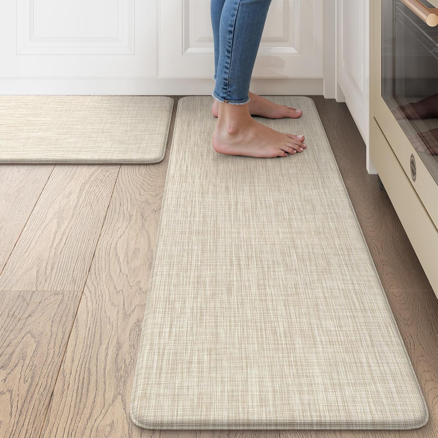 Collive Anti-Fatigue Cushioned Kitchen Mat Set 2 Piece Non-Skid Waterproof Kitchen Rugs and Mats Heavy Duty Standing Floor Mats for Kitchen, Office, Sink,17.3"×30"+17.3"×47",Beige