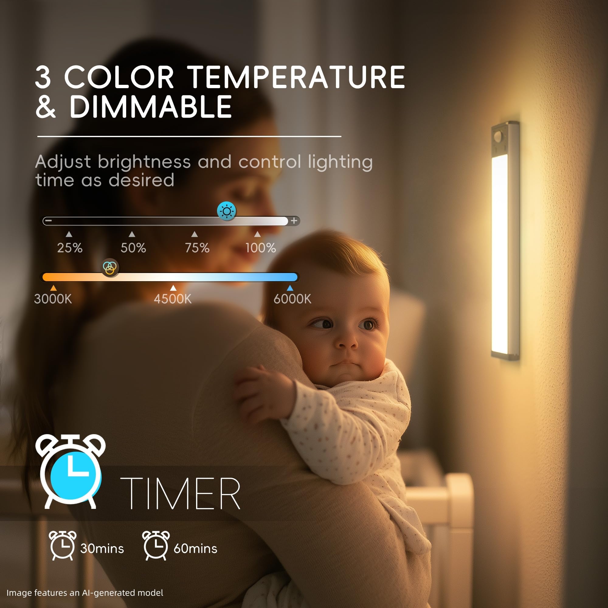 Hopedone - Luci sotto armadio con stazione di ricarica, 24 LED dimmerabili con sensore di movimento luci ricaricabili per interni con 15 temperature di colore, barra magnetica RGB, luce