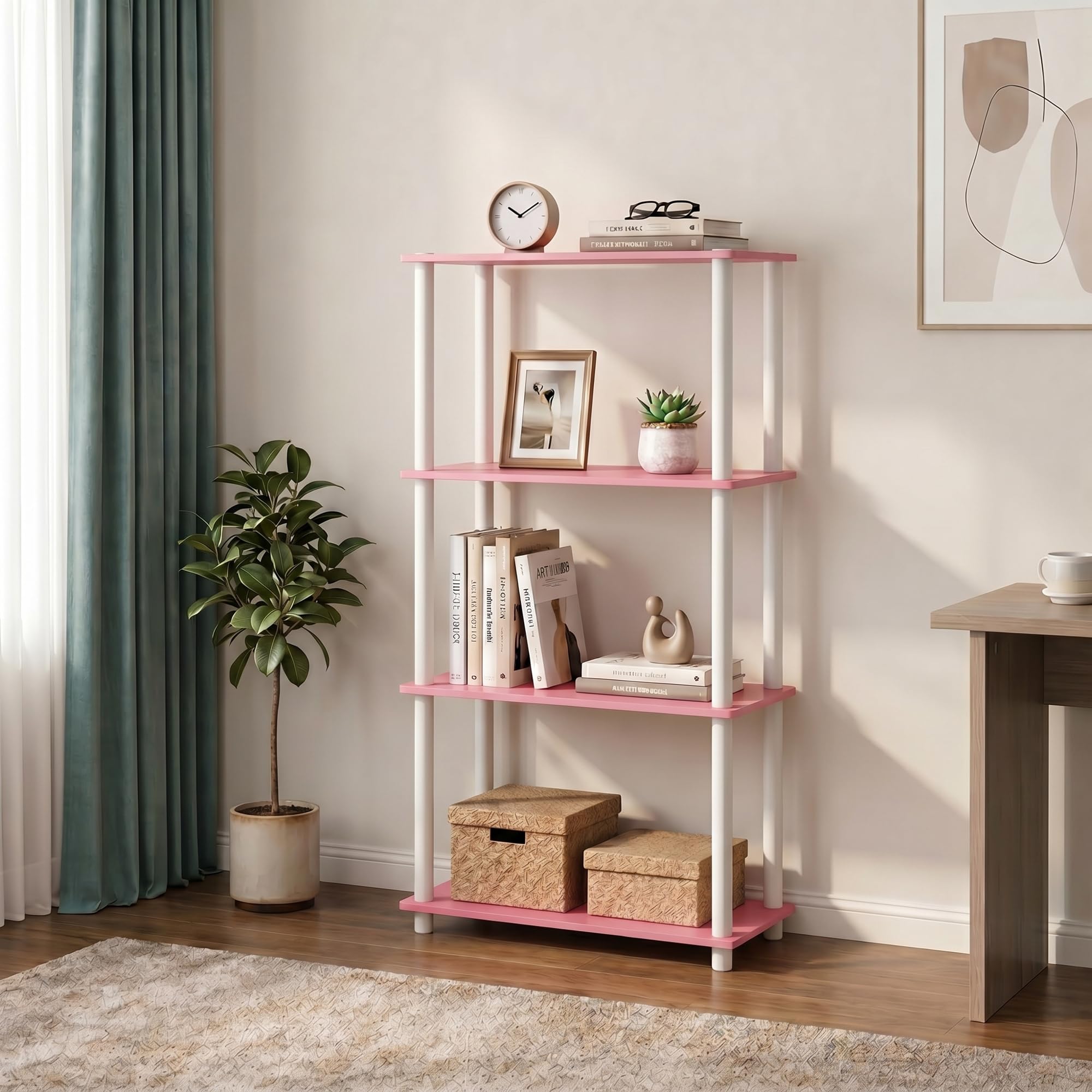 Furinno Turn-N-Tube Storage Shelves, 4-Tier Book Shelf, Corner Shelf, Toolless Open Shelves, for Organization and Storage, Living Room, Bedroom, Entryway, Laundry, Soft Pink