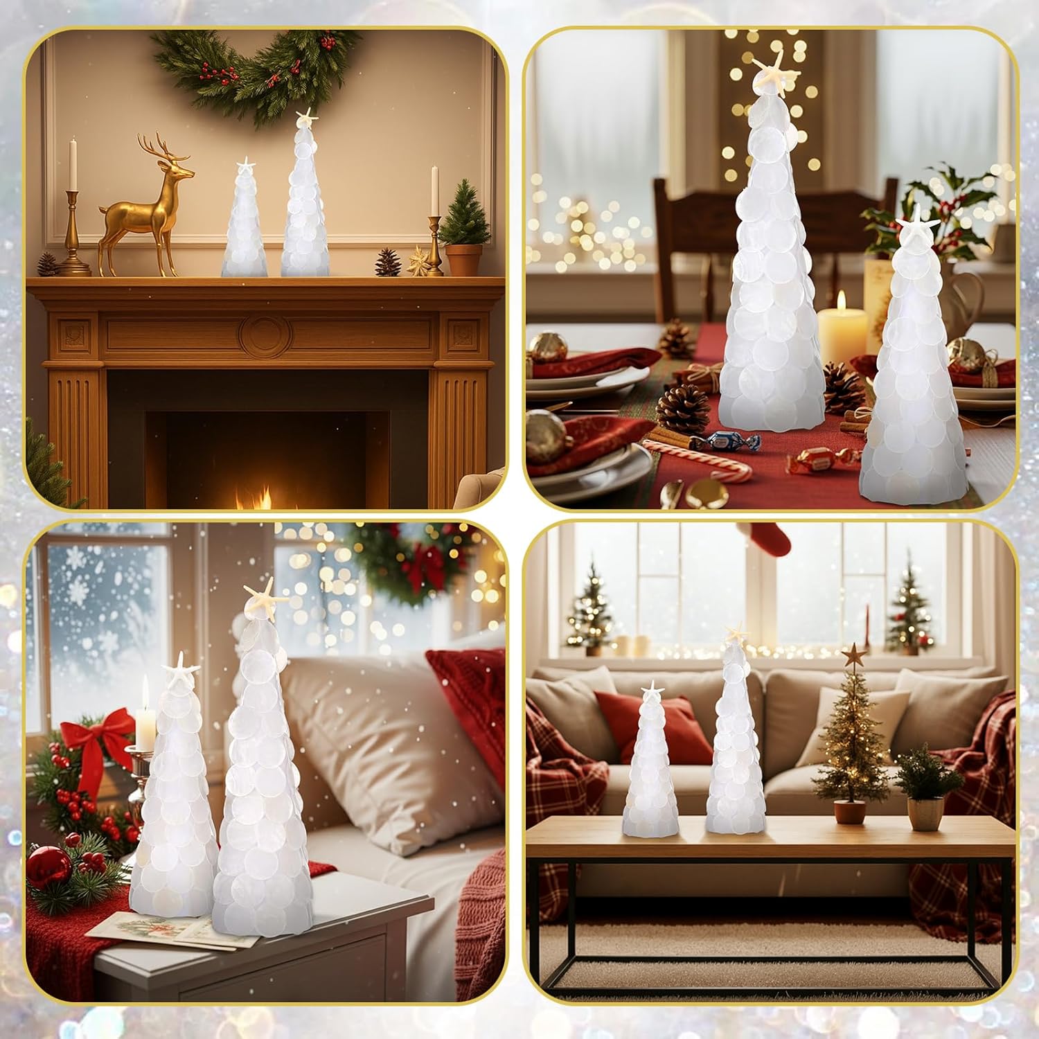 AceOrbit 2 Pack Capiz Shell Christmas Tree Table Decoration 8" 12" White Coastal Christmas Tree Table Centerpiece Artificial Ocean Seashells Tabletop for Xmas Winter Coastal Mantle Shelf Party Favor
