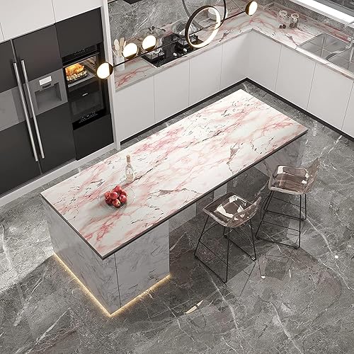 Miniatura 5 de VOLEAAR Papel tapiz adhesivo de mármol rosa y blanco para pared, mesa, contra salpicaduras, gabinetes, encimeras, vinilo, impermeable, autoadhesivo,