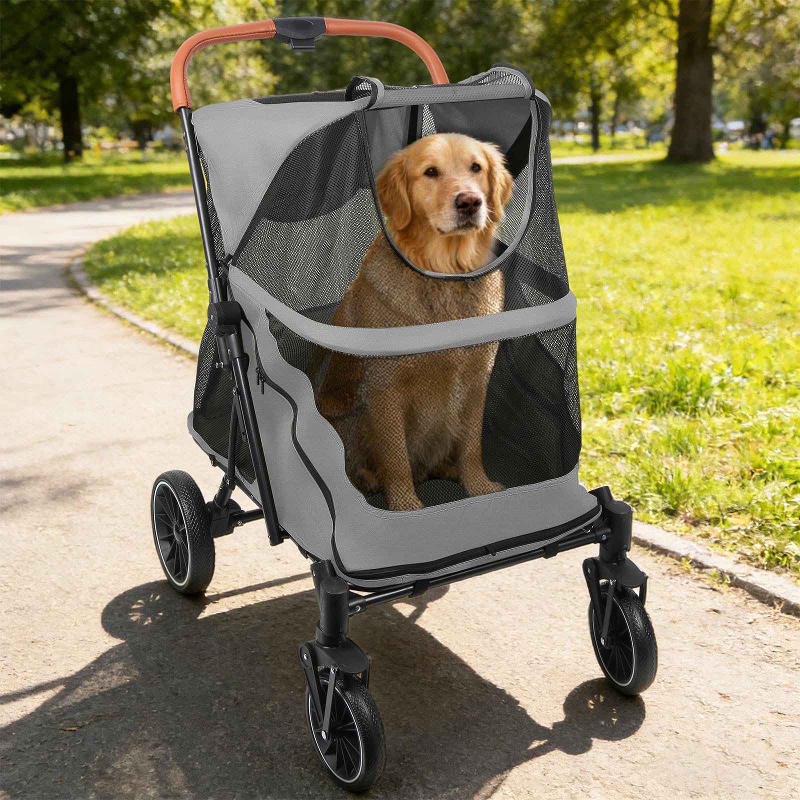 Homewell Passeggino per cani di taglia grande, pieghevole, con finestre in rete, pieghevole, fino a 35 kg, 60 x 83 x 108 cm (grigio)