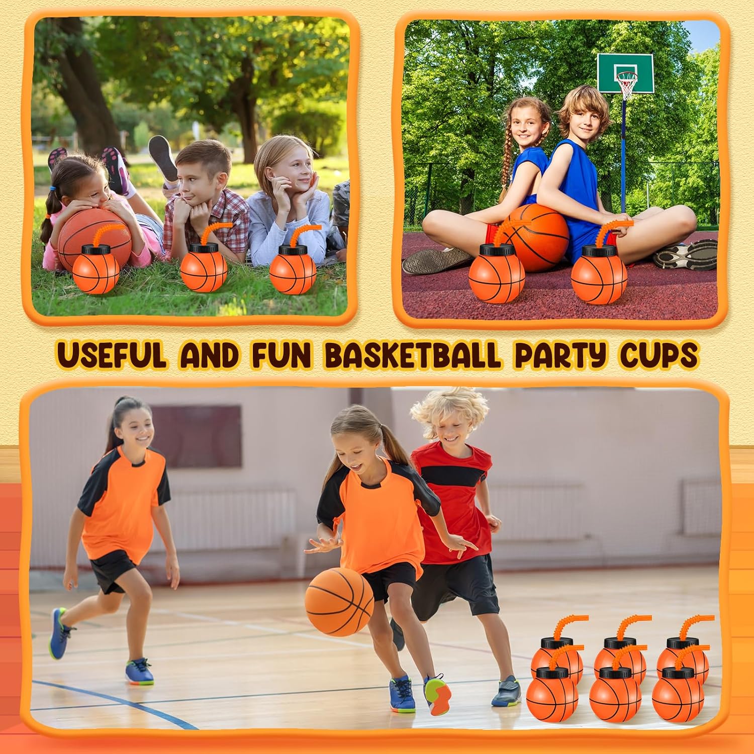 Nuanchu 24 Sets 14 oz Basketball Cups with Straws and Lids Plastic Basketball Party Cups Bulk Reusable Party Favor for Kids Birthday Sports Theme Supplies