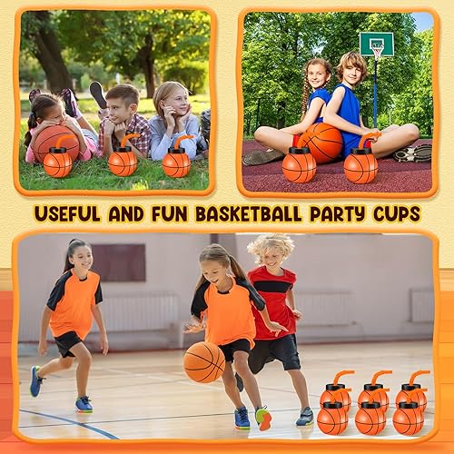 Miniatura 5 de Nuanchu Juego de 24 tazas de baloncesto de 14 onzas con pajitas y tapas, vasos de bolas de plástico reutilizables, vasos de baloncesto para fiestas,