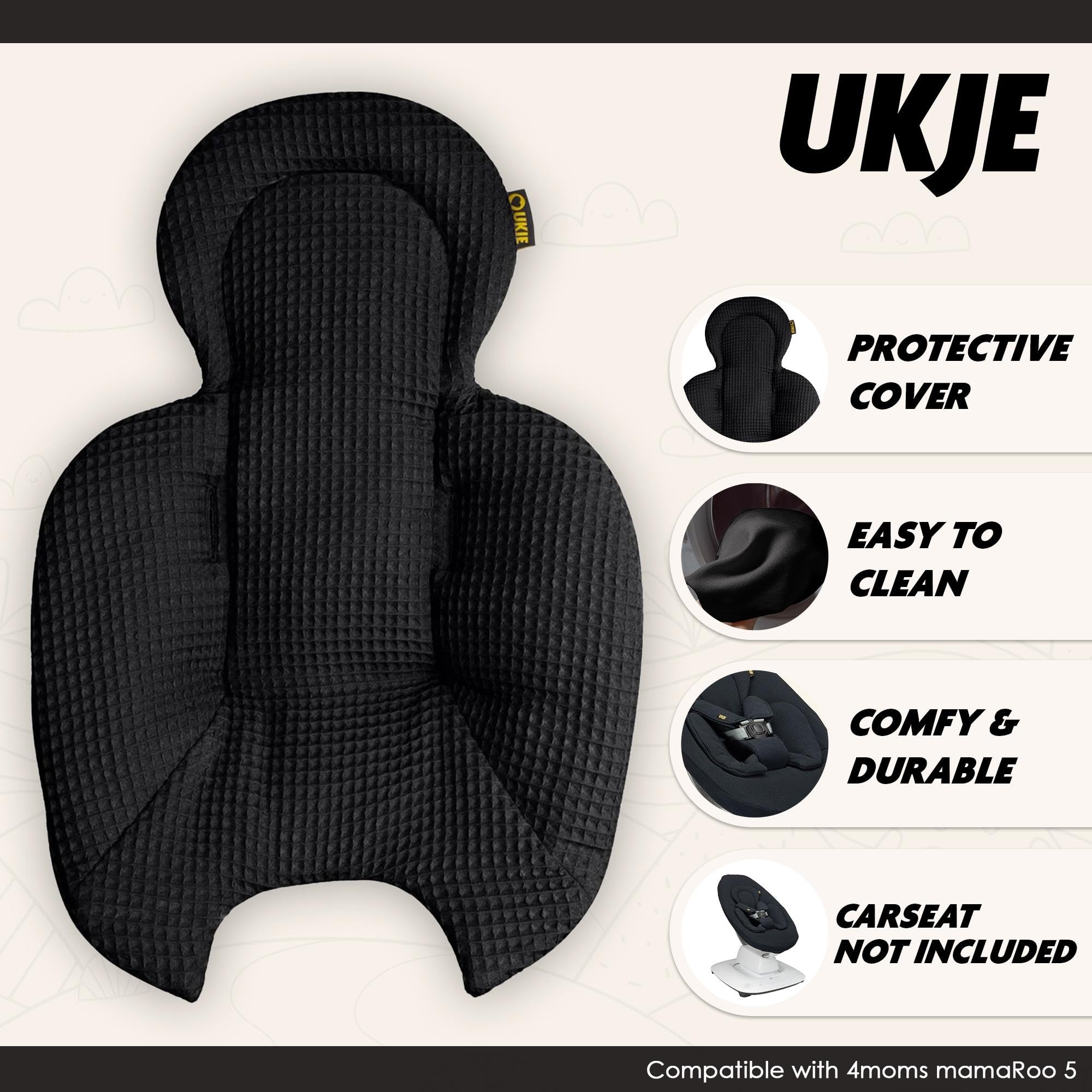 UKJE Inserto per Altalena Neonato Compatibile con mamaRoo 5 e RockaRoo | Rivestimento Morbido Reversibile | Facile da Installare e Lavare | Accessori per Sdraietta e Baby Bouncer, Nero