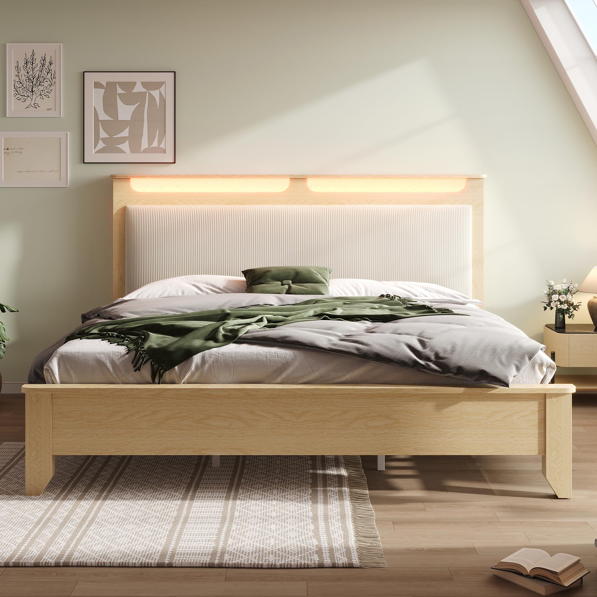 REXO Letto matrimoniale in legno 180×200cm, testiera con vano portaoggetti, illuminazione a LED e schienale imbottito in corda beige, telaio del letto con doghe in legno, rovere chiaro (senza