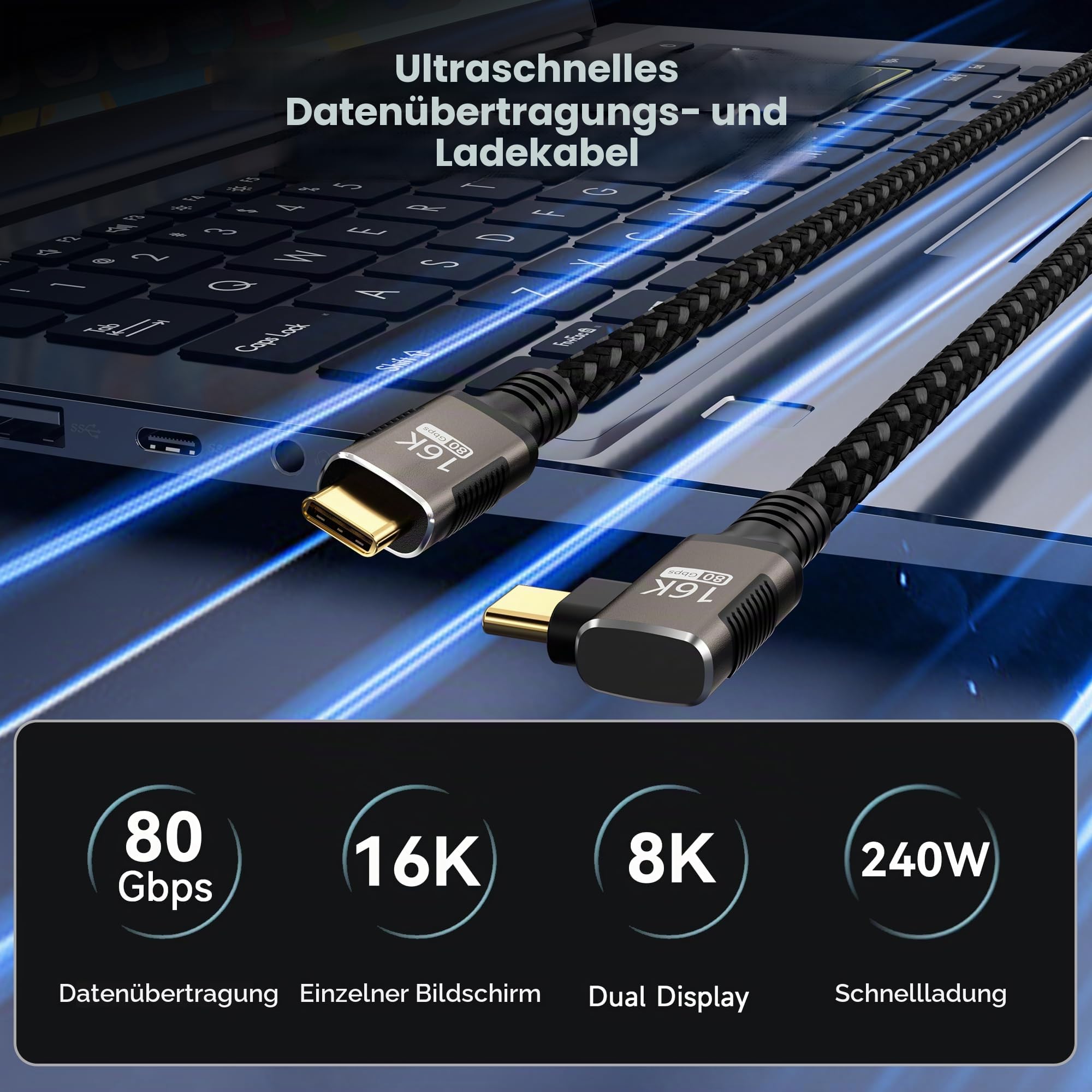 langes USB5 Kabel Winkelkabel 90 Grad 3 m,USB-C Kabel 80Gbps Datenübertragung Kompatibel mit Thunderbolt 5/4,USB typ c ladekabel 240W,16K@60Hz/8K@120Hz Videoübertragung für Display,SSD,Laptop