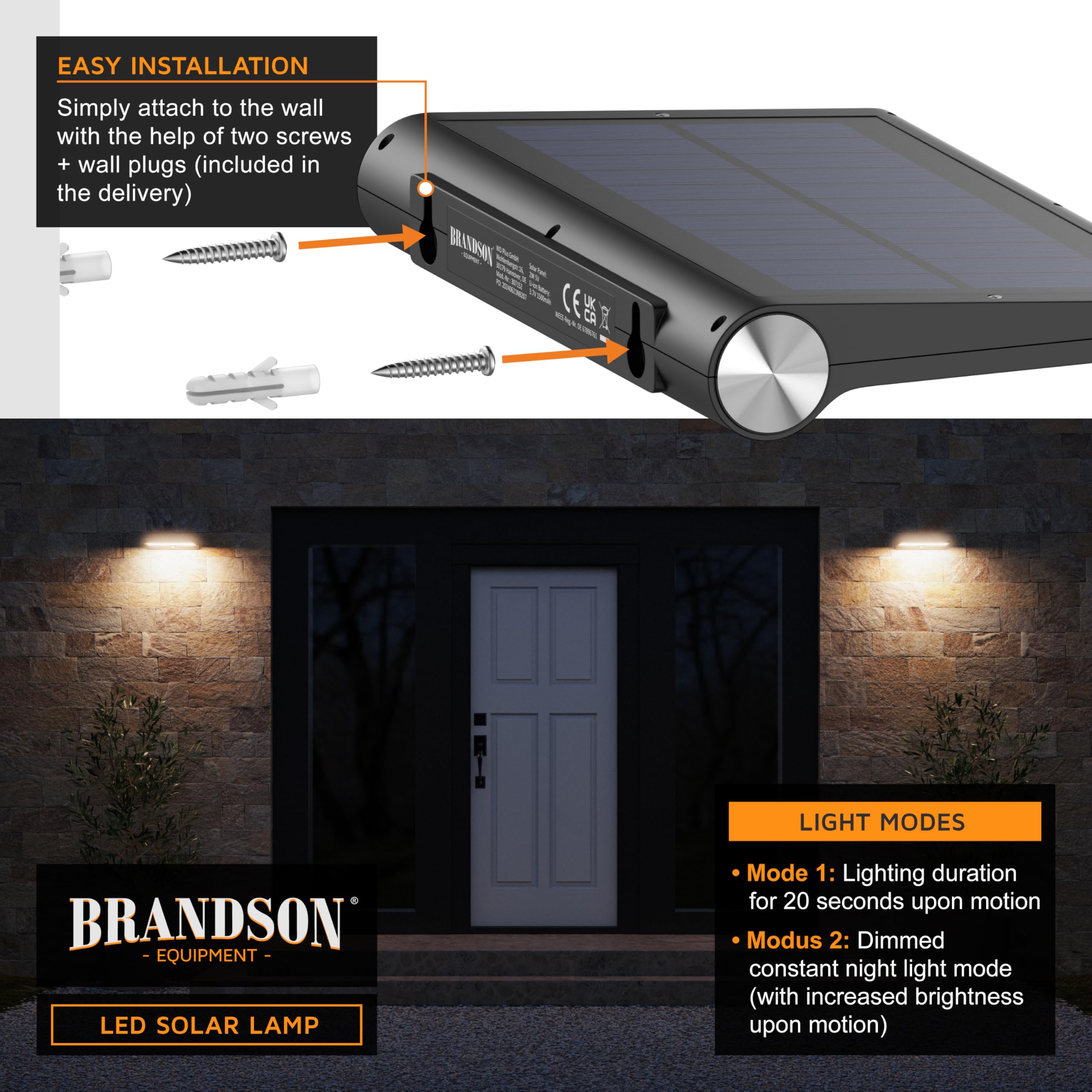 Brandson Solar Wall Light, Outdoor Solar Motion Sensor Lights, 84 LEDs, 3 Color Temperatures, IP54, 280 Lumens, Black, Rustic - Image 3