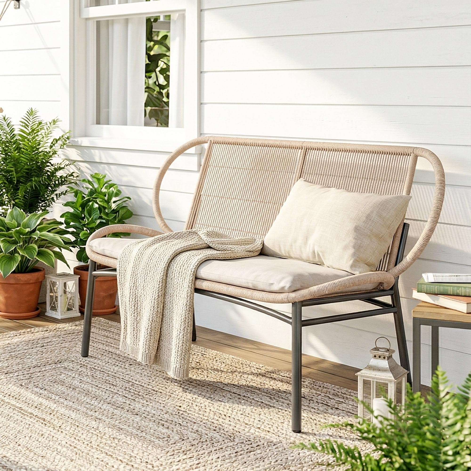 Outsunny Banc de Jardin 2 Places en Résine Tressée 138x62x83cm Naturel
