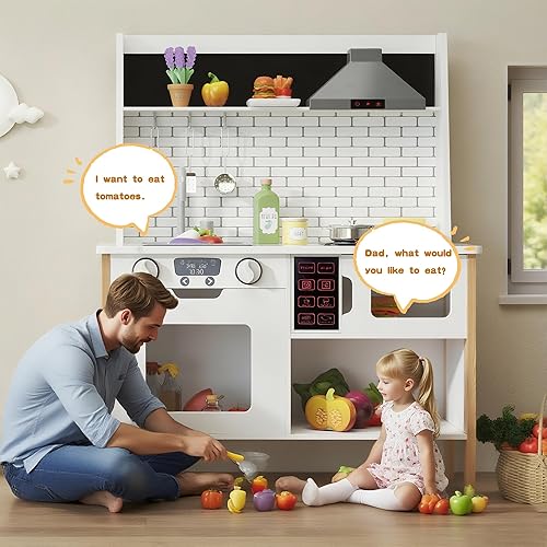 Miniatura 2 de soges Juego de cocina para niños, cocina de juego con luces y sonidos realistas, juego de juguetes de madera con espacio de almacenamiento,