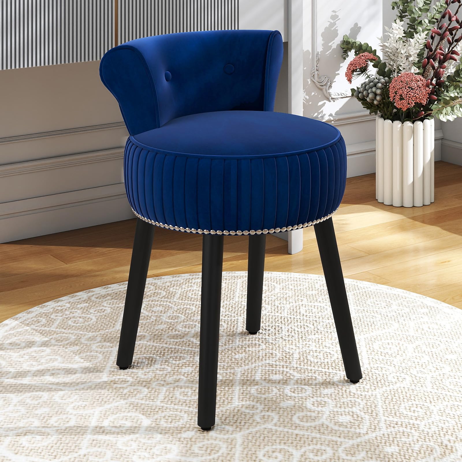 COSTWAY Chaise de Coiffeuse en Velours, Tabouret Coiffeuse avec Dossier, Pieds en Bois d'Hévéa, Patins Réglables, Tabouret de Maquillage, Dossier Bas Capitonné, pour Chambre Salon, 48x46x66 cm (Bleu)