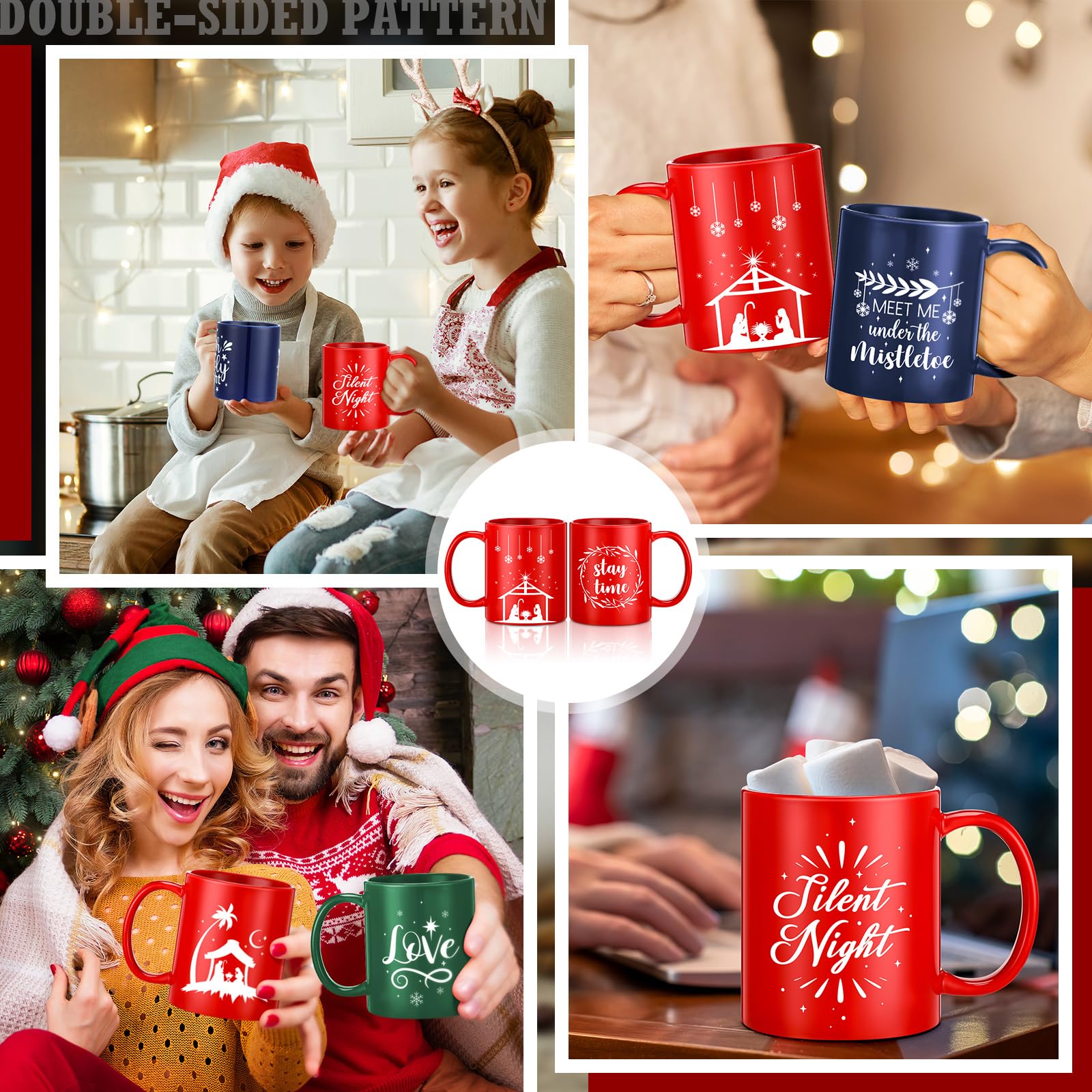 Uiifan Juego de 9 tazas de Navidad de 12 onzas, mini tazas de café de Navidad con taza de belén, tazas de cerámica para Navidad caliente o fría, centros de mesa, decoración de inauguración de la casa