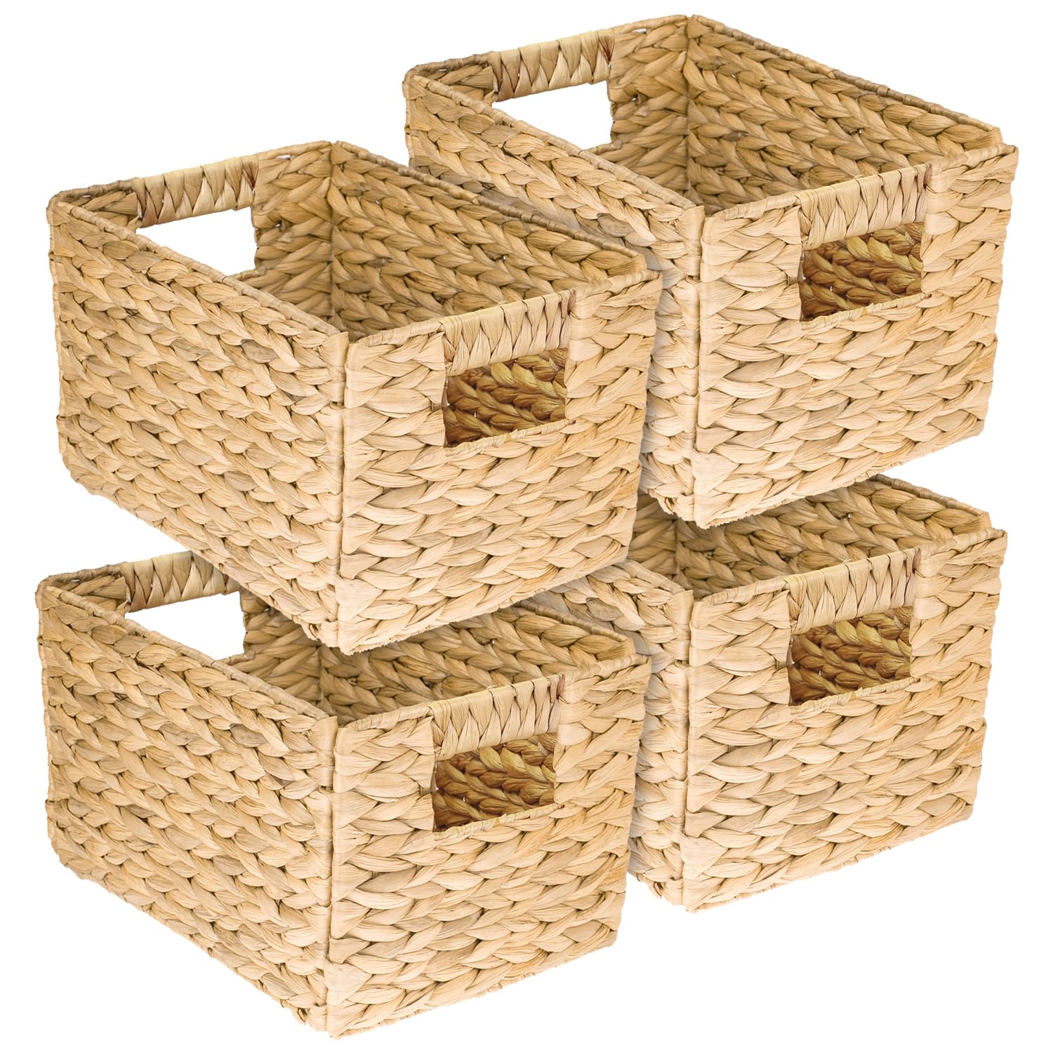 HMF Cesta de almacenaje trenzada organizadora de jacinto de agua, cesta decorativa con asas para baño, cocina, salón y estantería | Juego de 4 | Tamaño M | 32 x 23 x 20 cm | Natural
