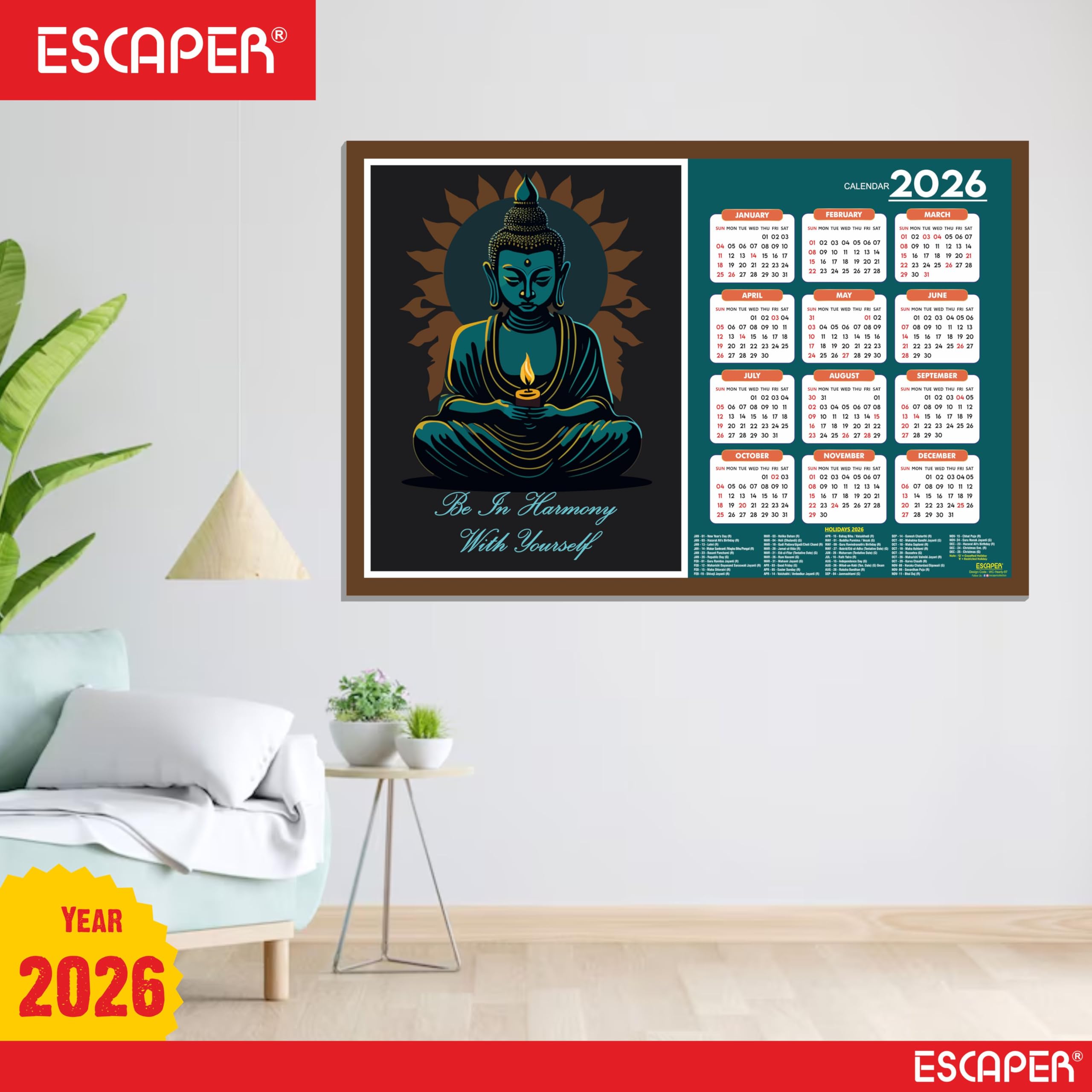ESCAPER Buddha Yoga Wandkalender 2026 - 30,5 x 45,7 cm, Meditations- & Yoga-Wandkalender, Yogasana- & Asana-Diagramme, Yoga-Posen, Chakra-Inspiration