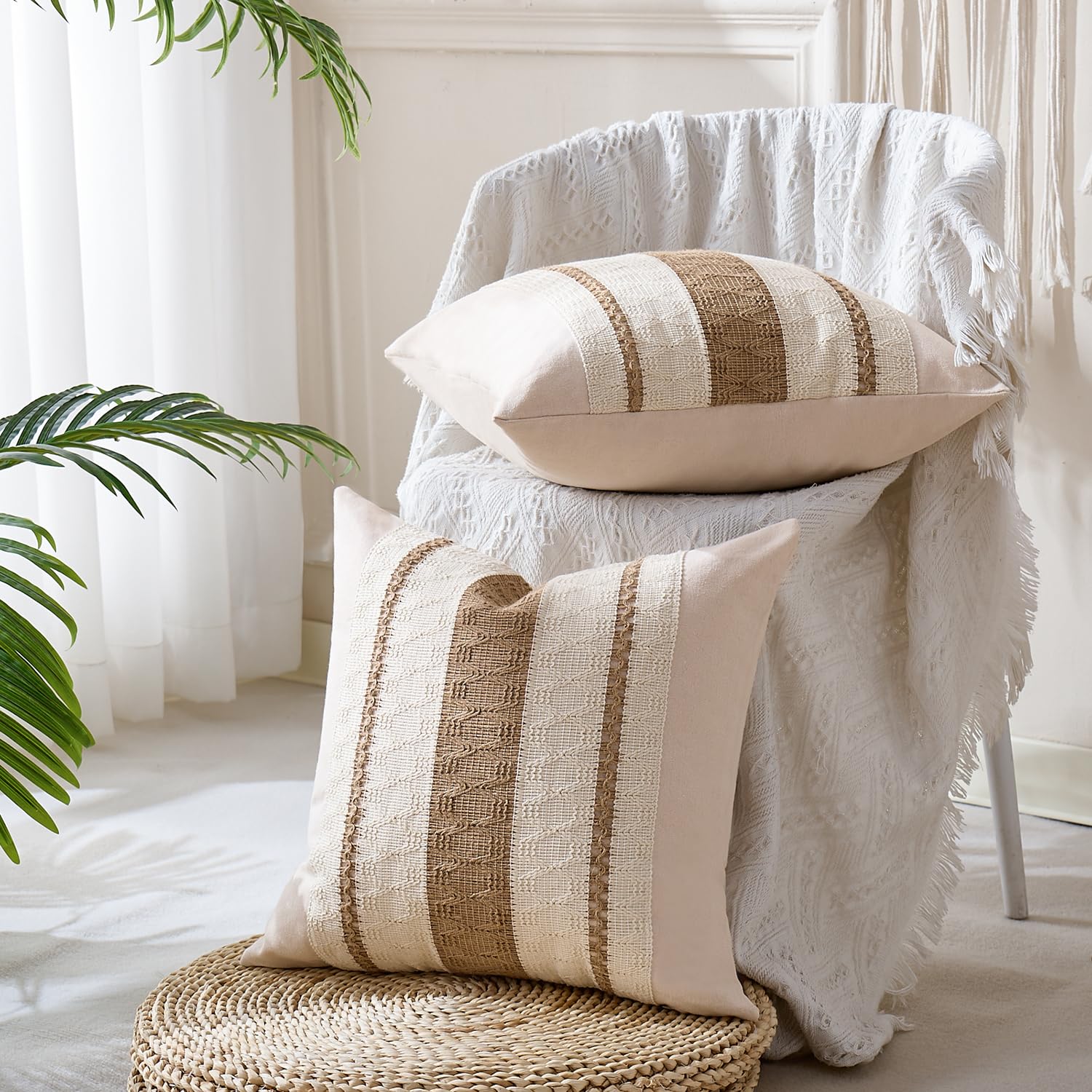 Boho Poszewki na poduszki na sofę 45x45 Nowoczesne dekoracyjne bawełna i len makrama poszewki na poduszki retro brązowa kwadratowa poszewka na poduszkę na sofę do sypialni salonu 2 sztuki
