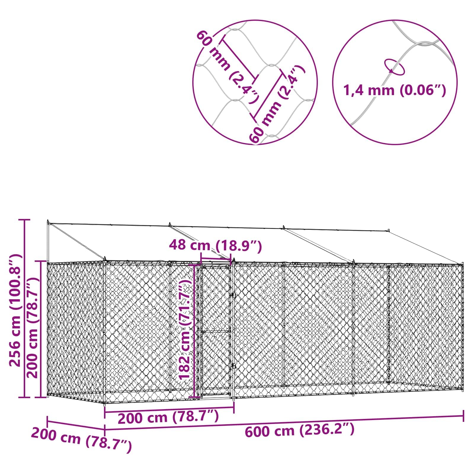 Klatka dla psa z dachem, srebrna, wykonana ze stali i PE 600 x 200 x 256 cm, przestronna karma dla psów z kratką drucianą, zamykane drzwi, stabilny metalowy kojec do ogrodu