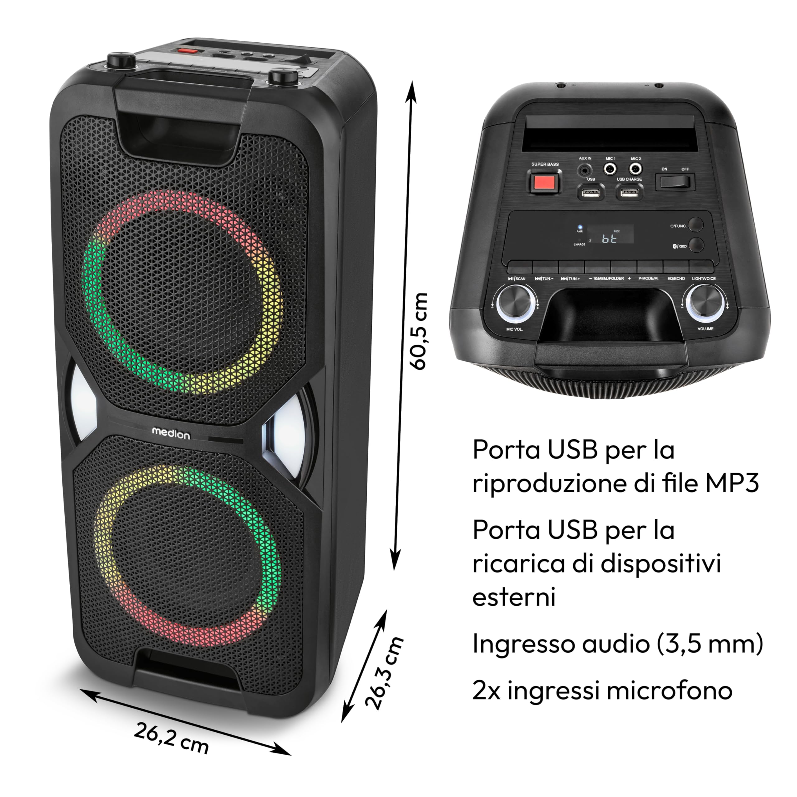 MEDION PE-1 Pure Partybox (batteria, con microfono, altoparlante Bluetooth portatile grande, cassa musicale con effetti luminosi, altoparlante party con karaoke, 2 ingressi microfono, AUX, USB, radio)