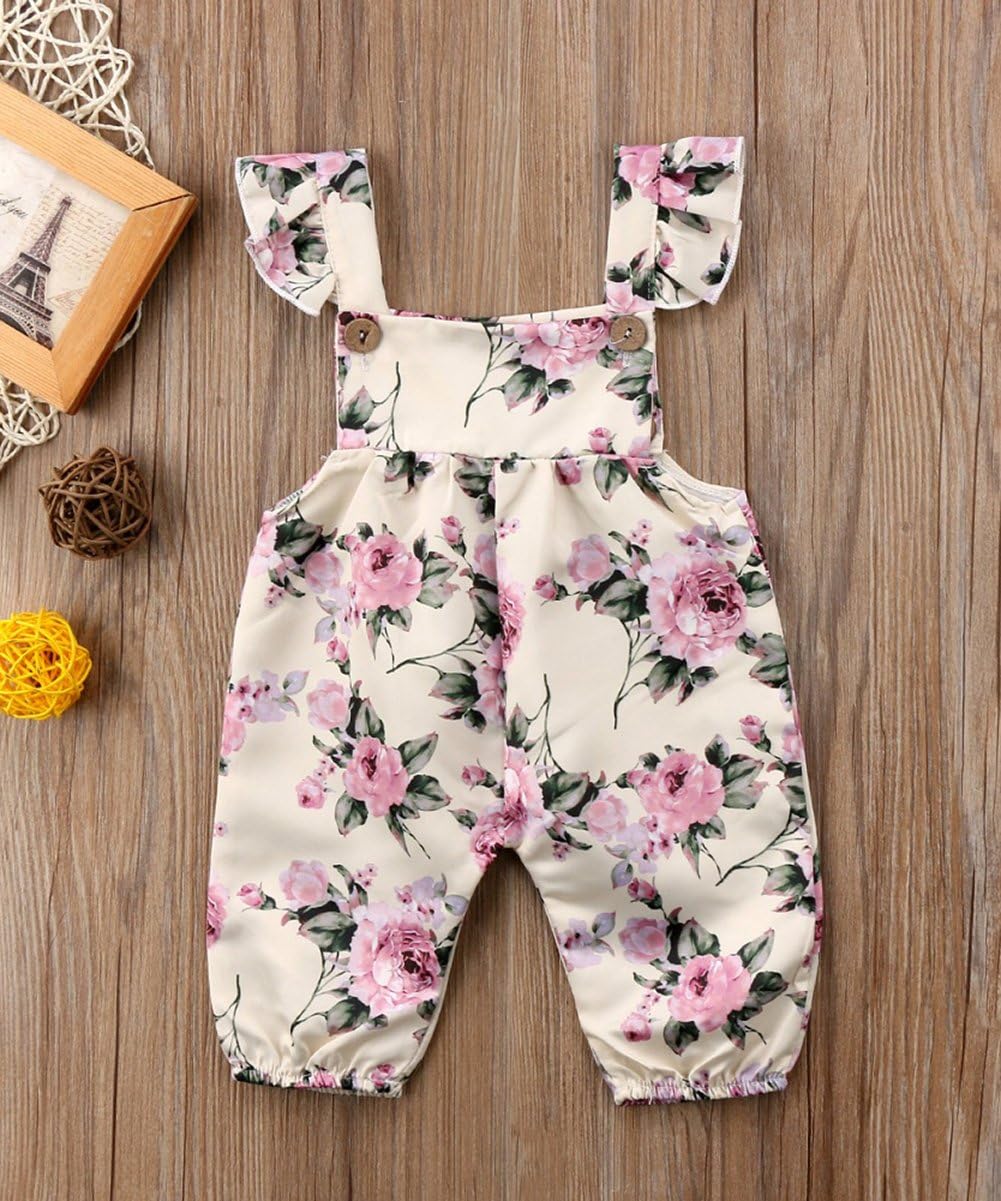 Newborn Kids Baby Girls Clothes Floral Jumpsuit Romper Playsuit Backless Ruffle Headband Sunsuit Outfits (Beige, 0-6 Months)