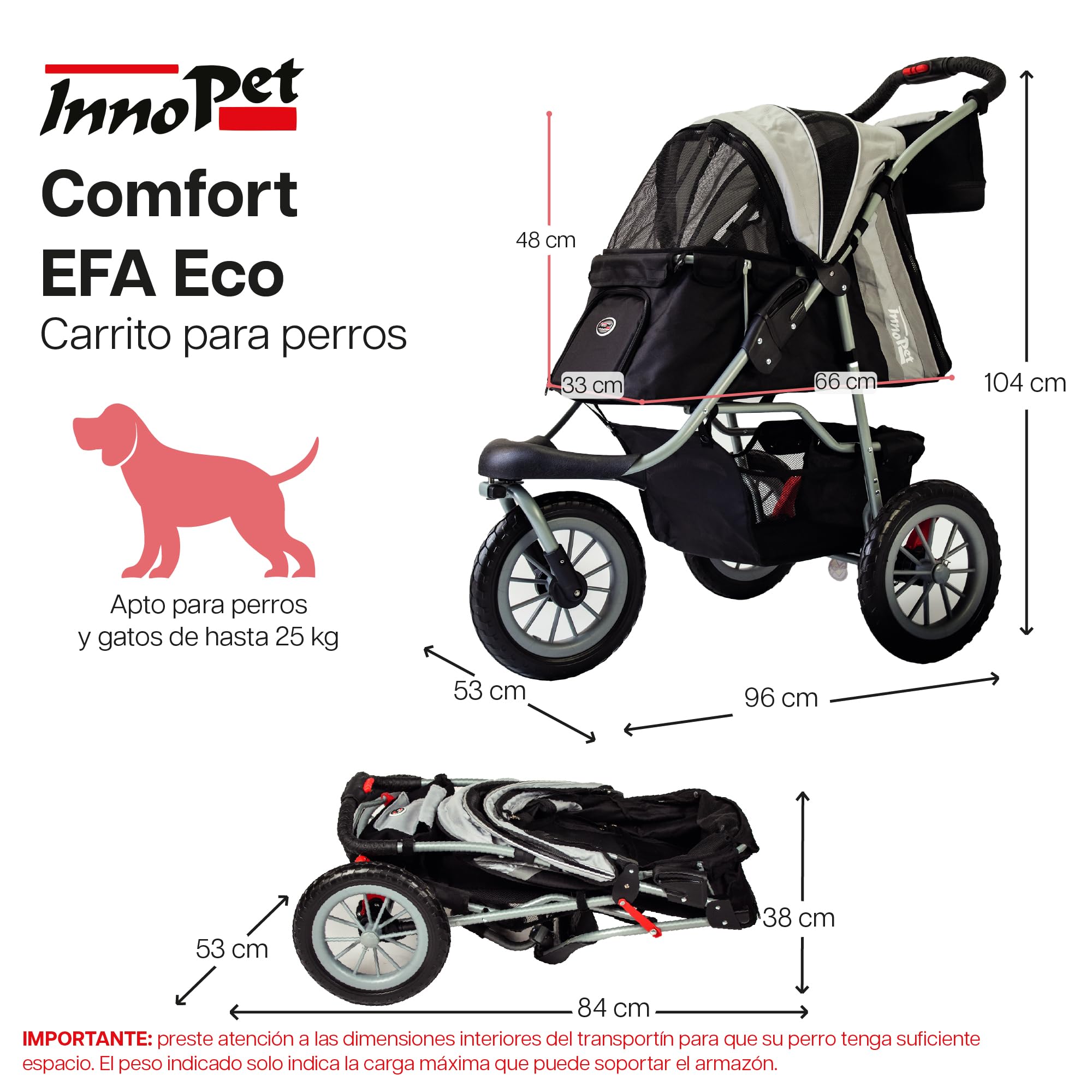 Innopet Carrito para perros Comfort EFA Eco negro/plata - Cochecito plegable para perros y gatos, ruedas EVA antipinchazos, hasta 25kg, 2 correas y cesta inferior