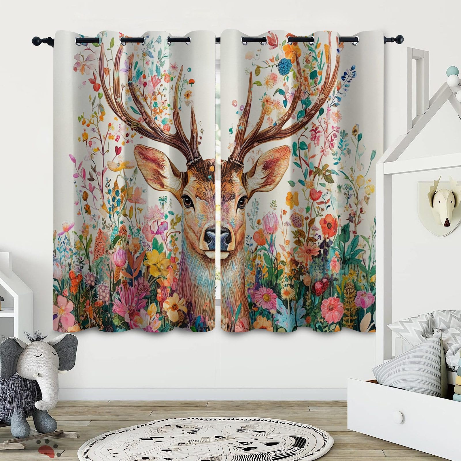 Generisch REH Vorhänge Wohnzimmer Modern Blickdichte Gardinen Bunte Blumen Tier Hirsch Ösenvorhang 2er Set Verdunklungsvorhänge Thermovorhang Übergardinen mit Ösen, H 175 x B 140 cm