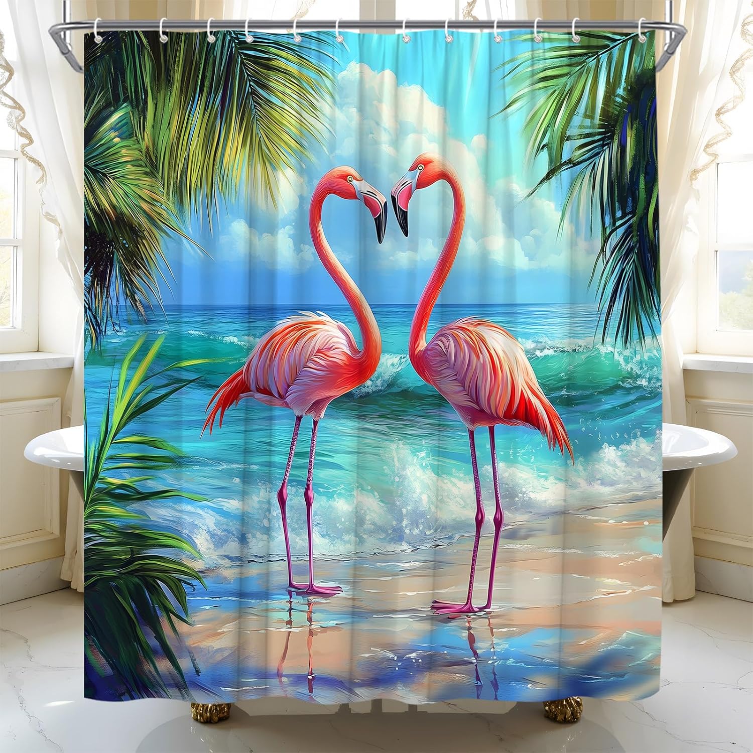Beach Ocean Shower Curtain Pink Flamingo Tropical Sea Blue Waves Polyester Fabric Bathroom Decor Set with Hooks(70" Wx70 H)