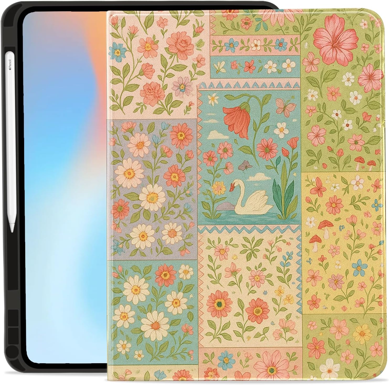 Idocolors Cute Case for 12.9" iPad Pro(2018/2020/2021/2022)/13" iPad Air(2024), Girly Leather Folio Case with Pencil Holder, Adjustable Stand Auto Wake/Sleep, Soft TPU Back Cover, Patchwork Painting
