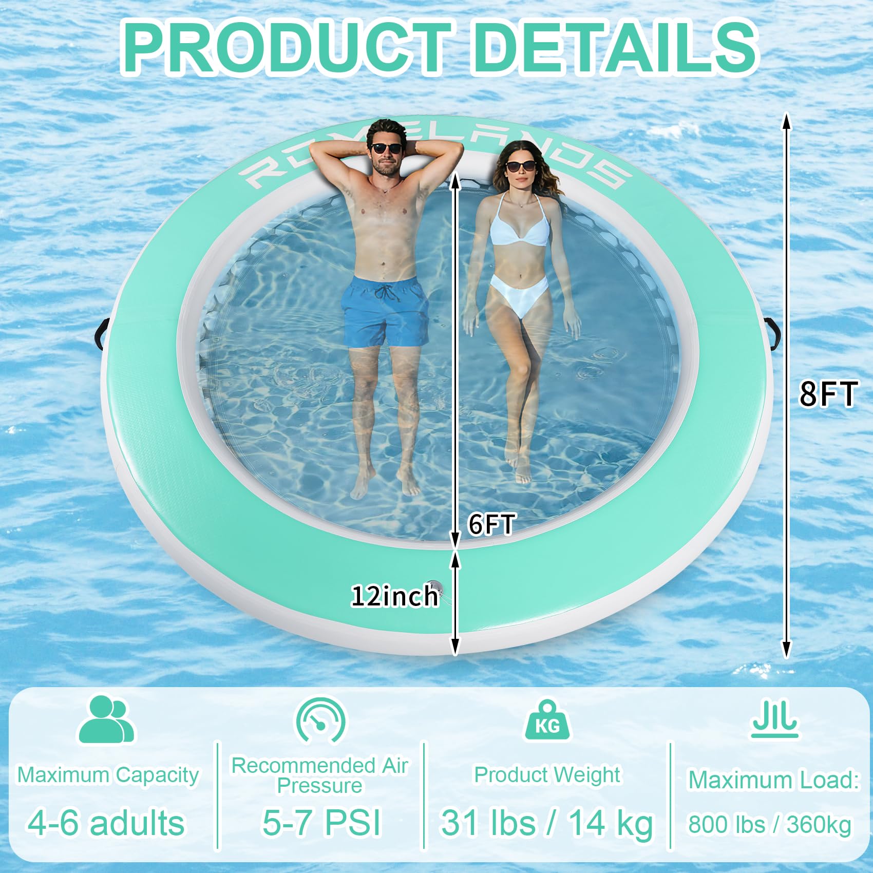 Amaca gonfiabile ad acqua, 245 cm, anello da nuoto rotondo come piattaforma galleggiante per feste estive, piattaforma di nuoto per laghi, piscine e mare
