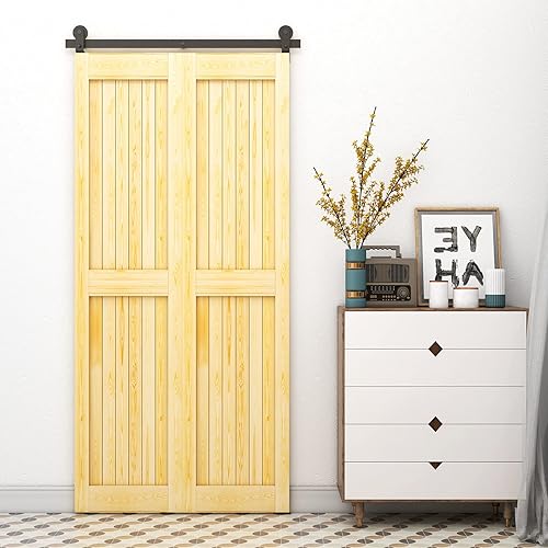 Miniatura 3 de TOIMIOTOIM Kit de herrajes para puerta de granero plegable de 42 pulgadas, kit de rodillos resistentes de 3.5 pies montado en la parte superior para