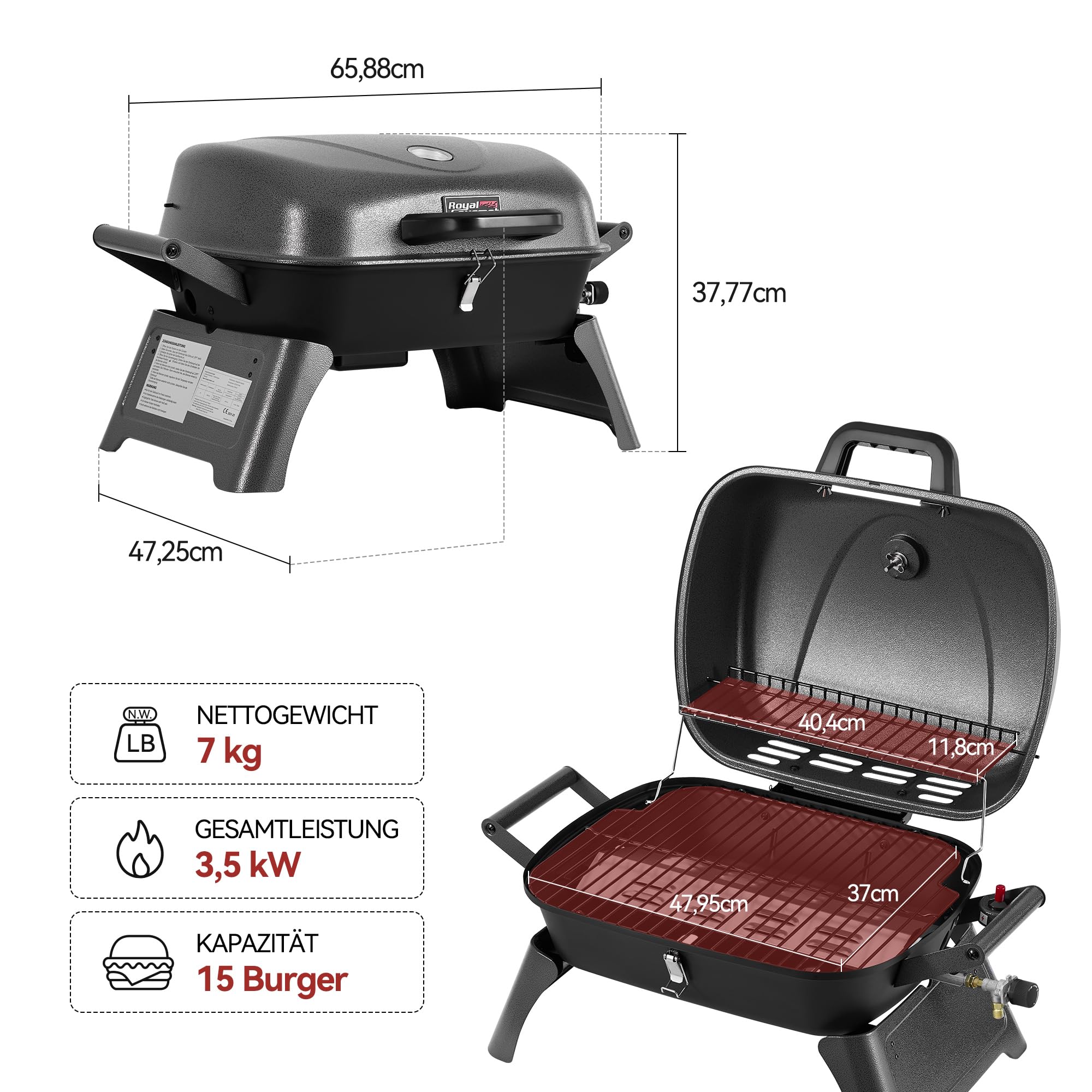 Royal Gourmet Gasgrill mit 3,5 kW, Tischgasgrill mit Griffen und Klappbaren Beinen, Tragbarer Campinggrill für Garten, Balkon