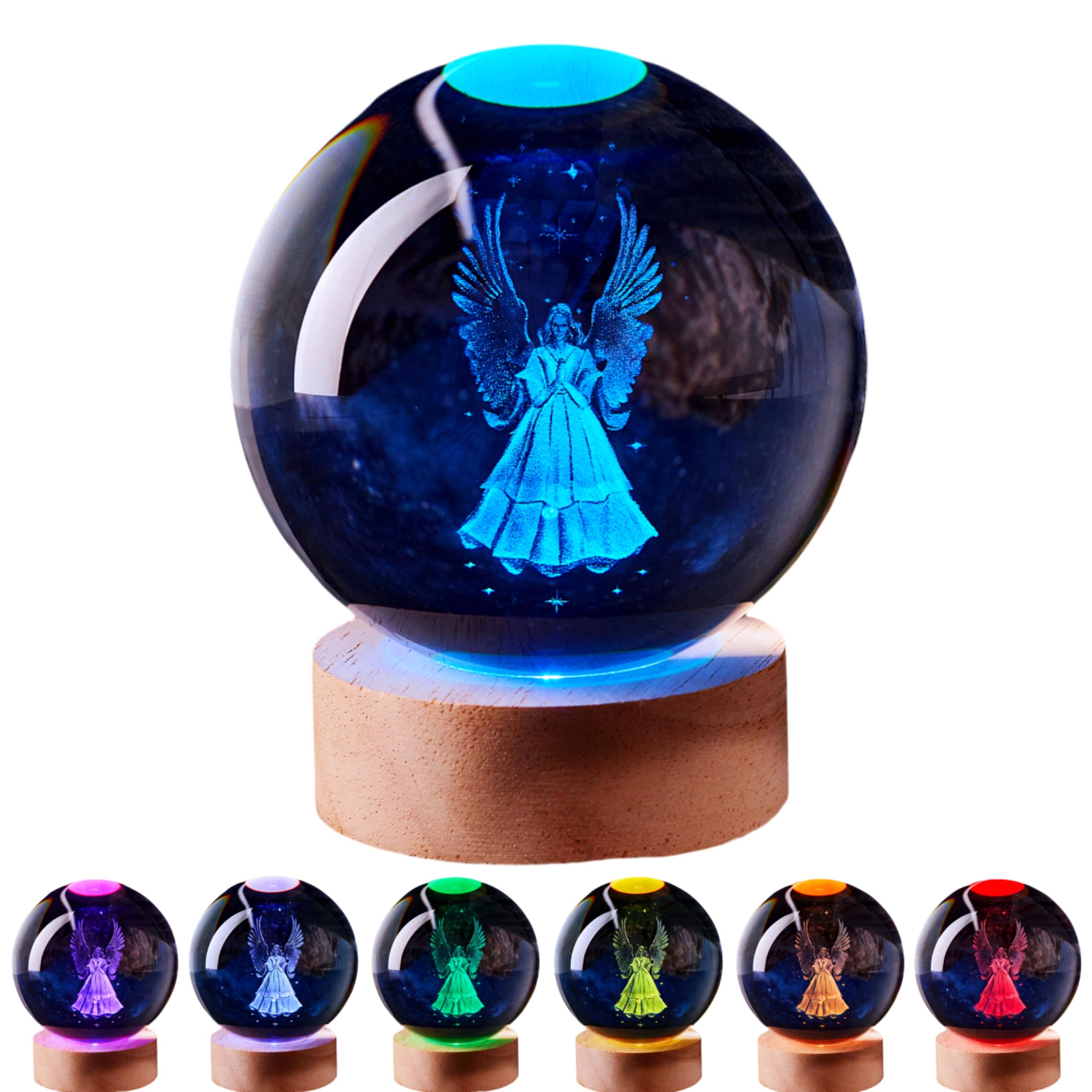 LGY3DLight 3D Crystal Ball Lamp with Remote Control, 3.15 inch Crystal Night Light with Wooden Base 16 Colors Change, Glass Figurine Lamp Gift for Girls Boys Wife Girlfriend Mom (Angel)