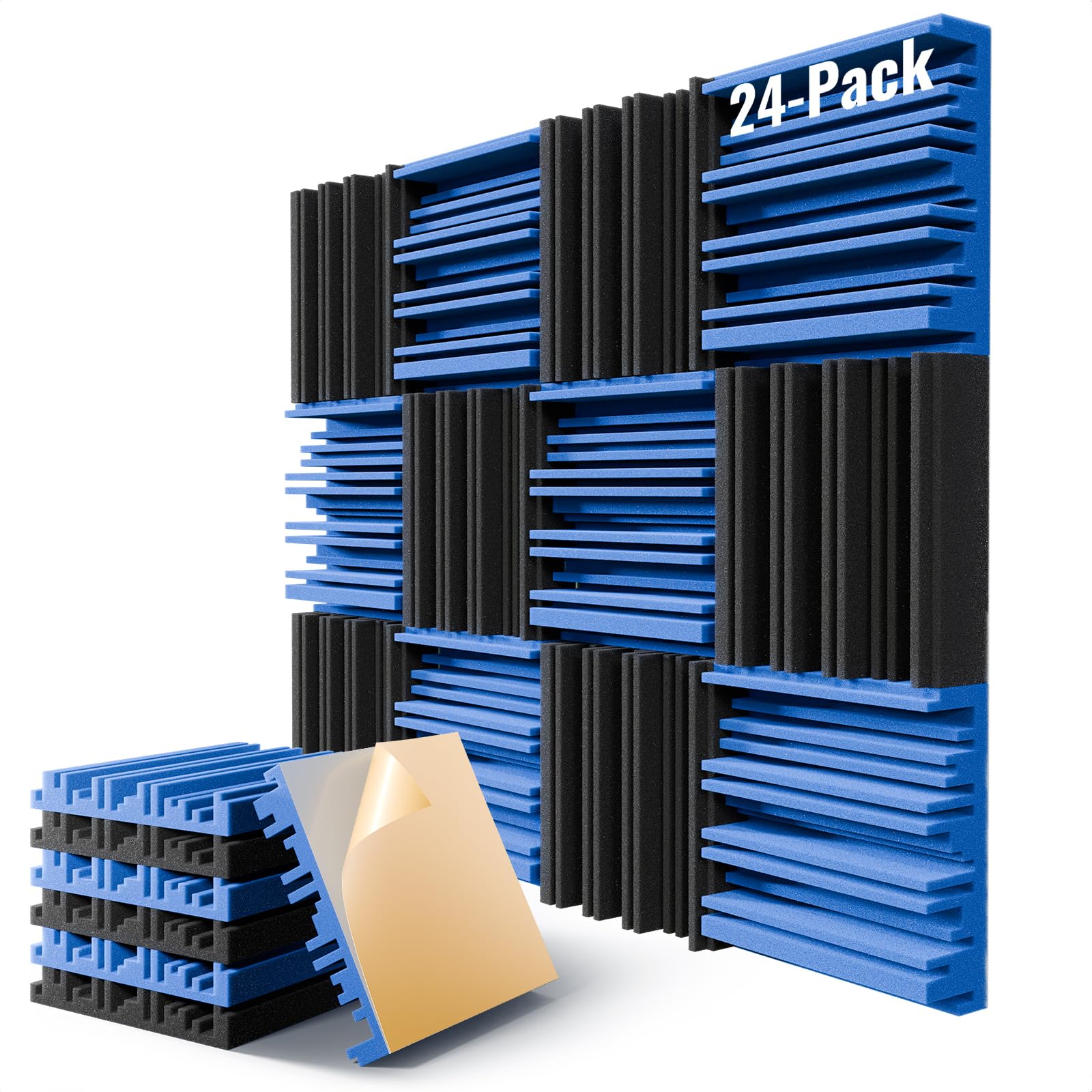 24 Pack Sound Proof Foam Panels for Wall,12" X 12" X 2" Self-Adhesive Acoustic Foam Panels,High Resilience Soundproof Wall Panels,Sound Absorbing Panels for Home Studios, Offices - Black & Blue