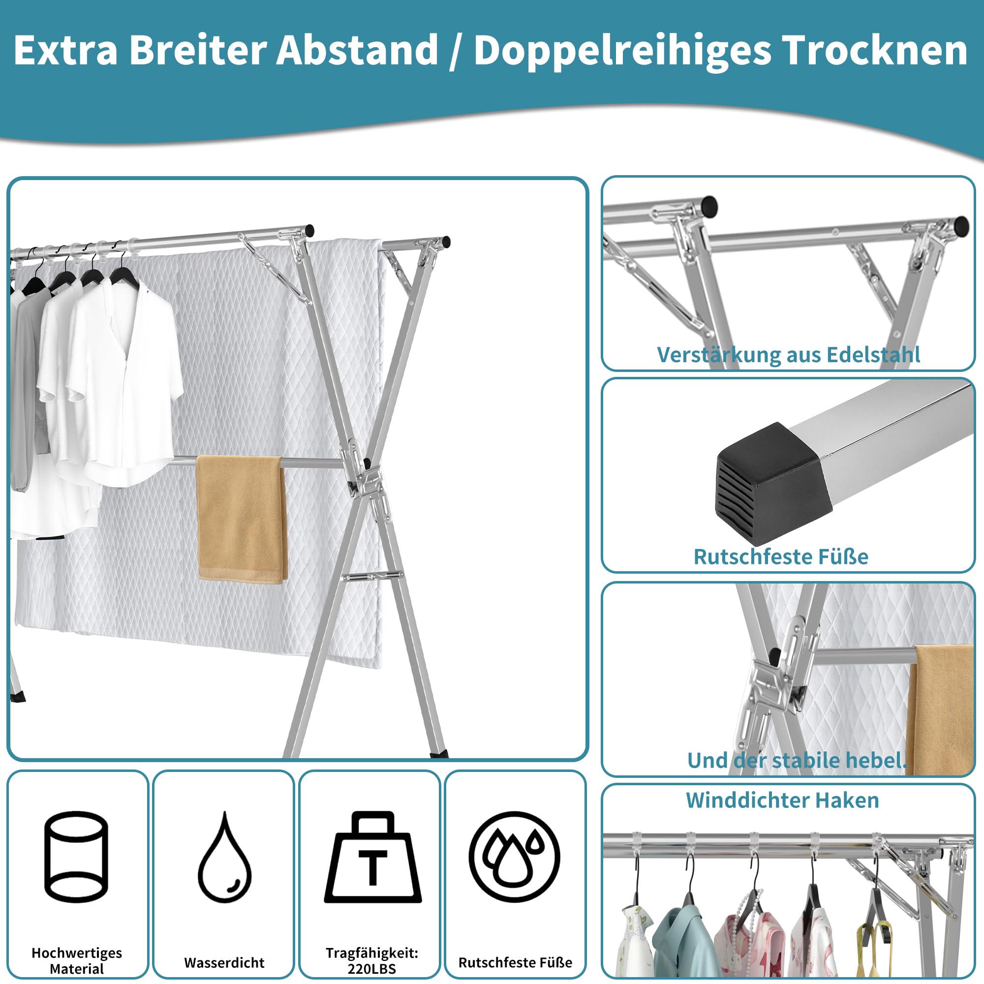 OUUTMEE Ausziehbarer Wäscheständer 130-200 cm Edelstahl mit 20 Haken