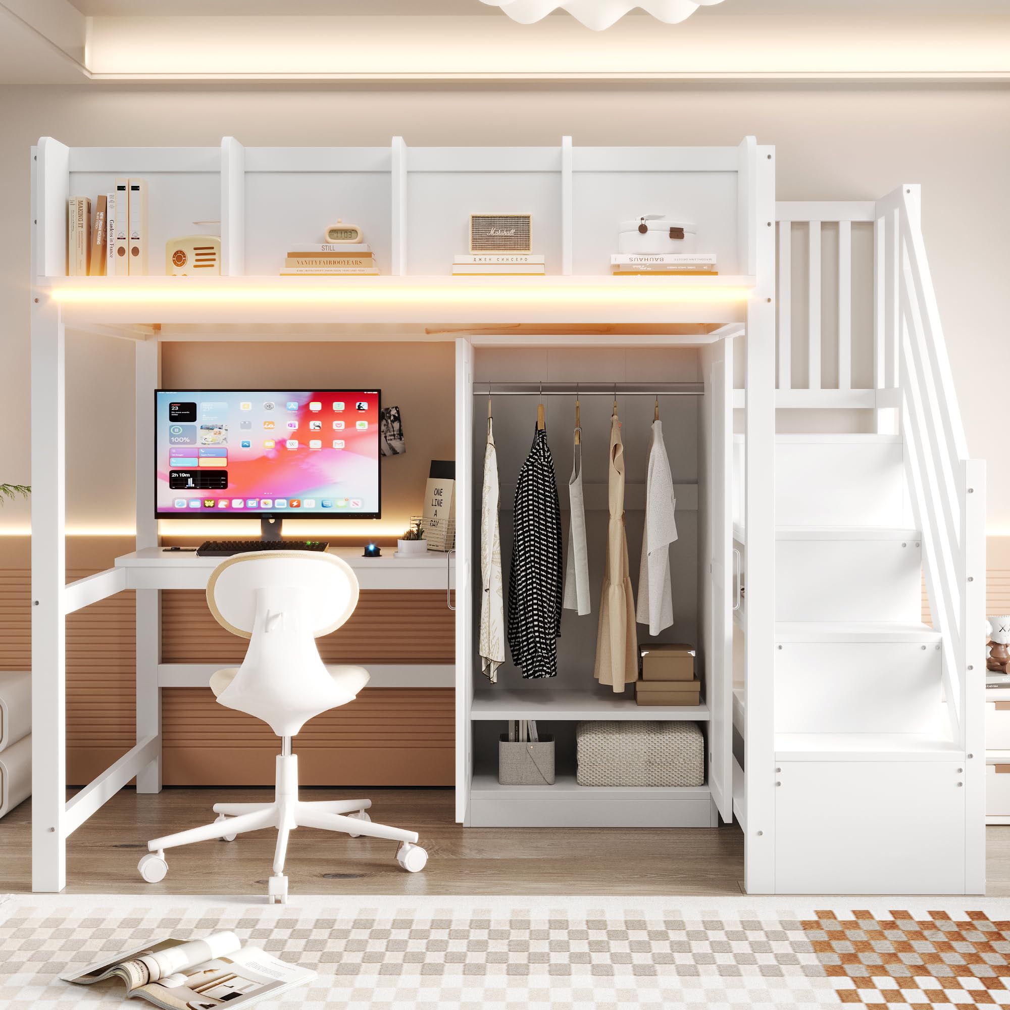 Multifunktionales Hochbett 90x200 cm mit LED-Beleuchtung und USB-Anschlüsse, Kinderbett mit Treppe Stauraum und Schreibtisch, Holzbett mit Kleiderschrank, Weiß-A(Ohne Matratze)