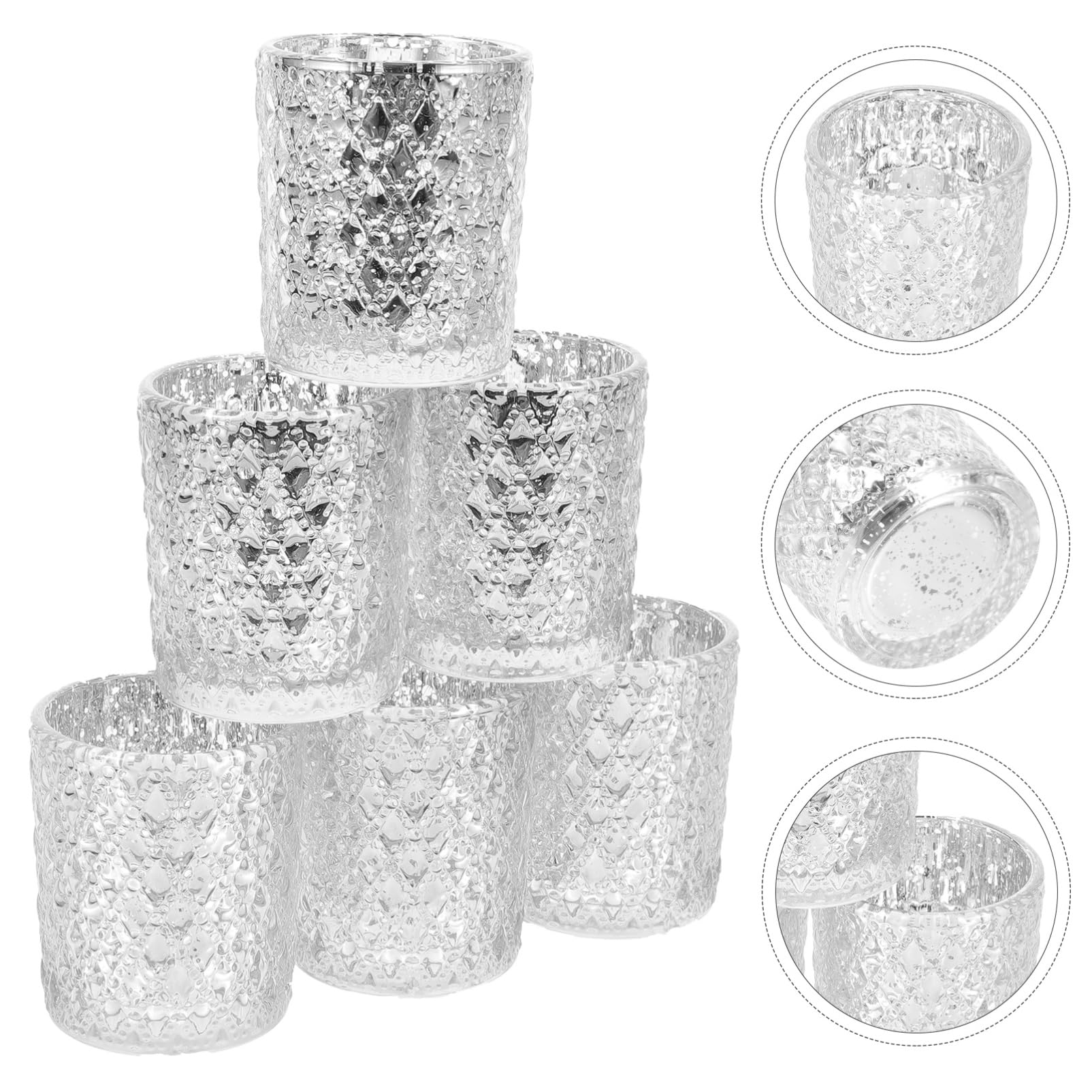 Portavelas de Cristal en Relieve 12 Piezas, Adorno Plateado | Vidrio, Efecto Decorativo y Soporte para Velas, para Hogar y Festivales