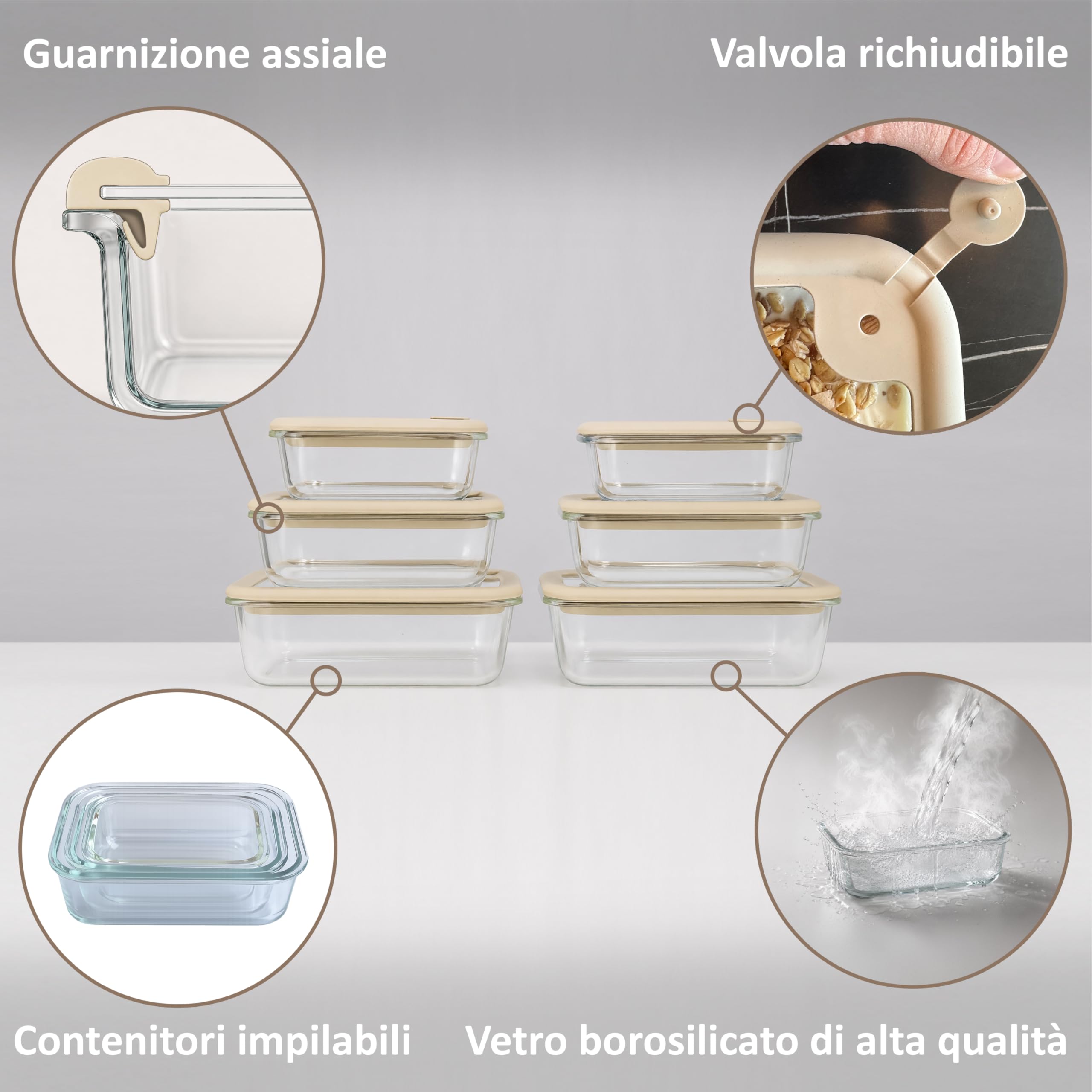 Contenitori vetro per alimenti set 6 pezzi - Contenitori per alimenti con coperchio in vetro - Senza BPA PFAS - Porta pranzo vetro microonde - Microonde forno freezer lavastoviglie