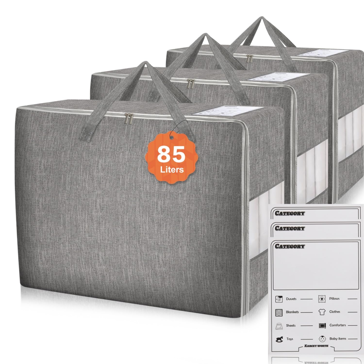 Karceyworth 3 Pack 85L Comforter Storage Bags, Extra Large Bedding Storage Bags with Card and Clear Window, Reinforced Handles & Zippers, Foldable