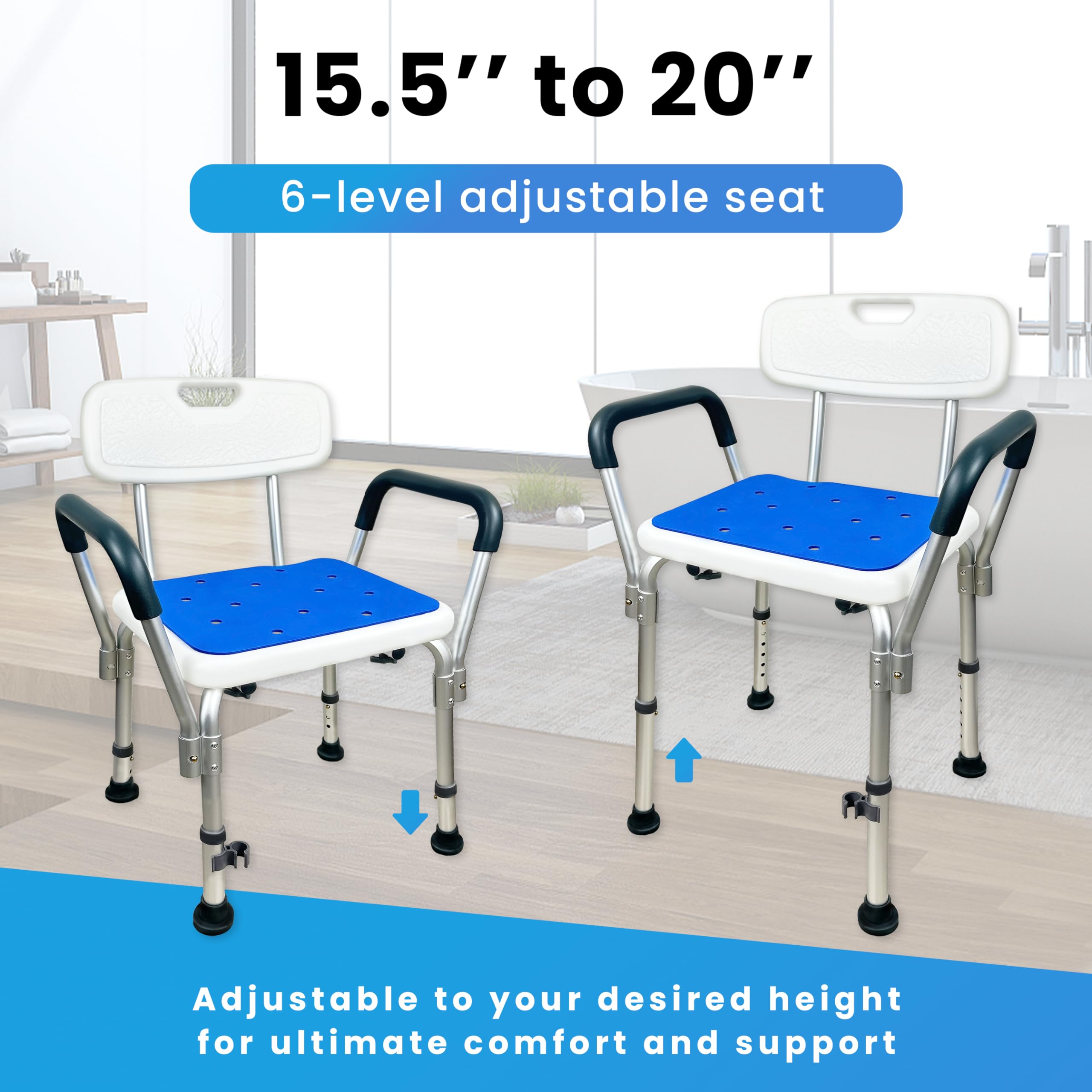 Silla de ducha para asiento interior de ducha con reposabrazos acolchados de altura ajustable, silla de ducha para ancianos y discapacitados, asiento antideslizante, resistente, capacidad de 350