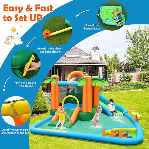Miniatura 6 de HONEY JOY Tobogán acuático inflable, parque acuático gigante 7 en 1, casa hinchable para patio trasero al aire libre, pared de escalada, toboganes