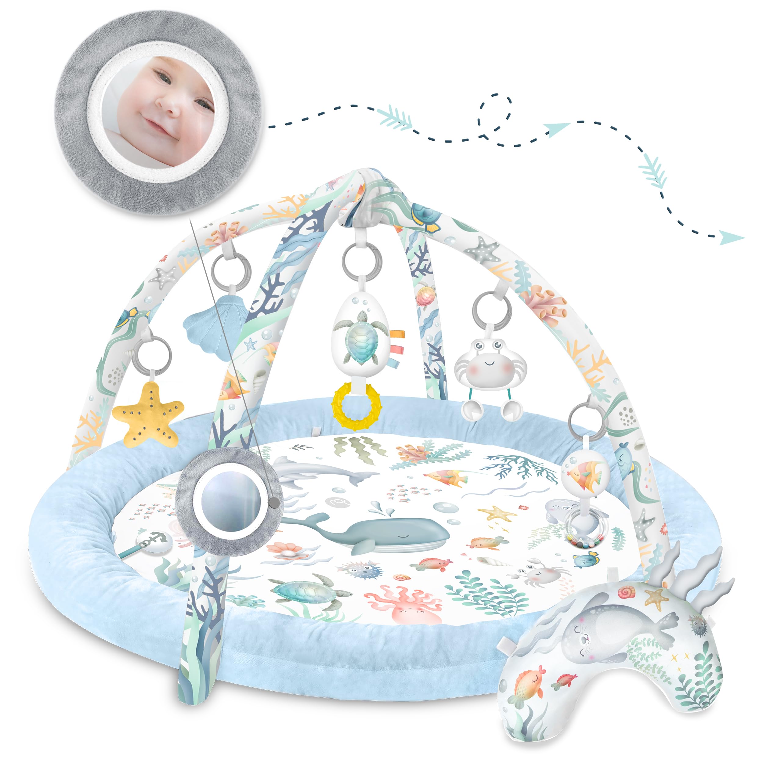 Nukido Gimansio De Actividades para Bebé Evolitivo Alfombra De Juegos con Arcos Extraíbles 7 Juguetes Multifuncionales Almohada Suave Desarrollo Sensorial Coordinación Mano-Ojo Plegable Azul Ocean