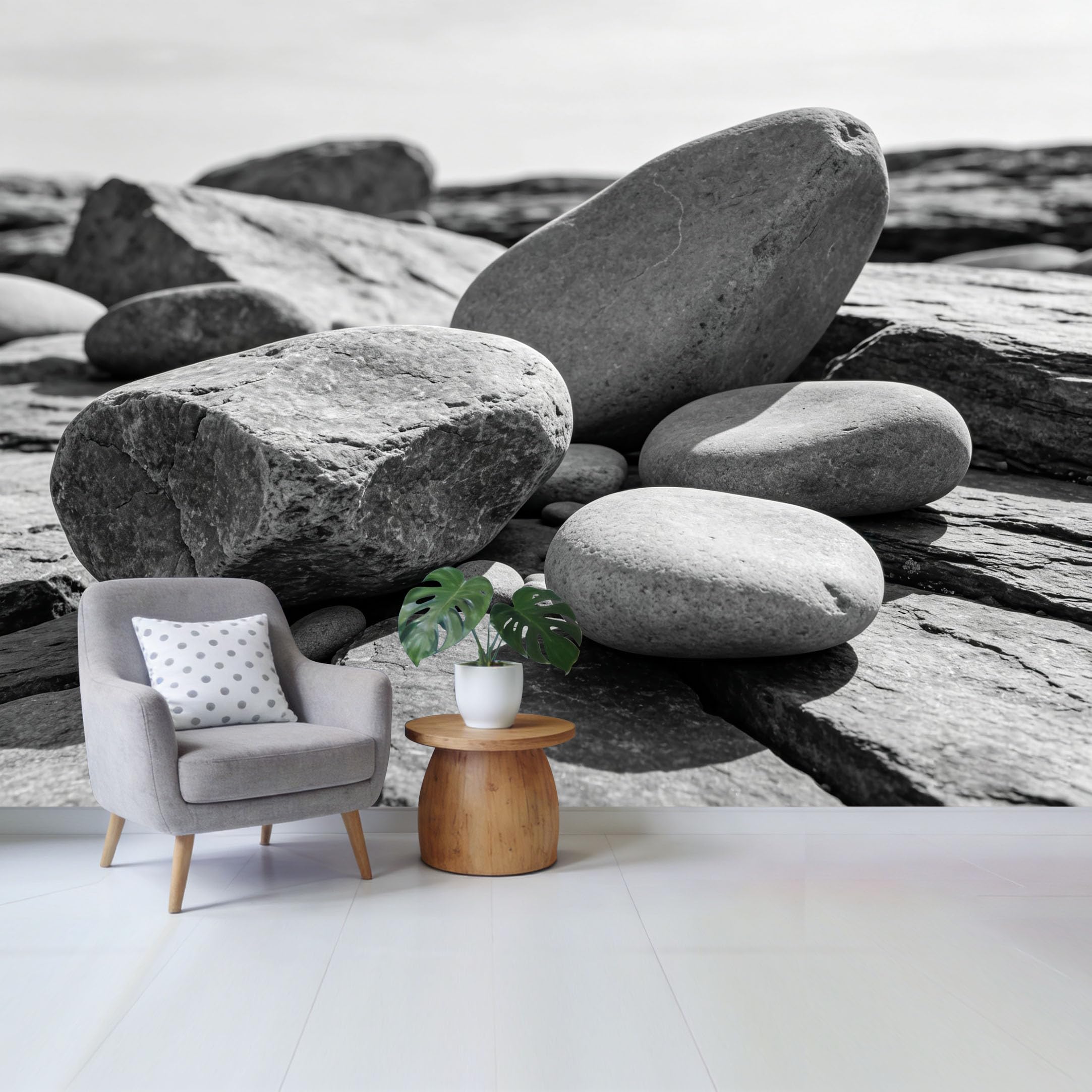 Qzlithotic Yq2605250123 Custom Size Wall Mural Monochrome Zen Stone Pebbles Minimalist Nature Landscape Photography Selfadhesive Wall Fabric Removable Wallpaper For Home Office Decor