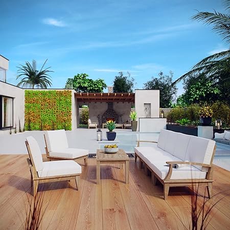 Modway Marina Premium Grade A Teak Wood 7-Piece Outdoor Patio Furniture Set in Natural White