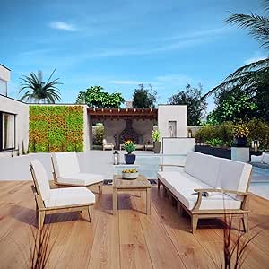 Modway Marina Premium Grade A Teak Wood 7-Piece Outdoor Patio Furniture Set in Natural White