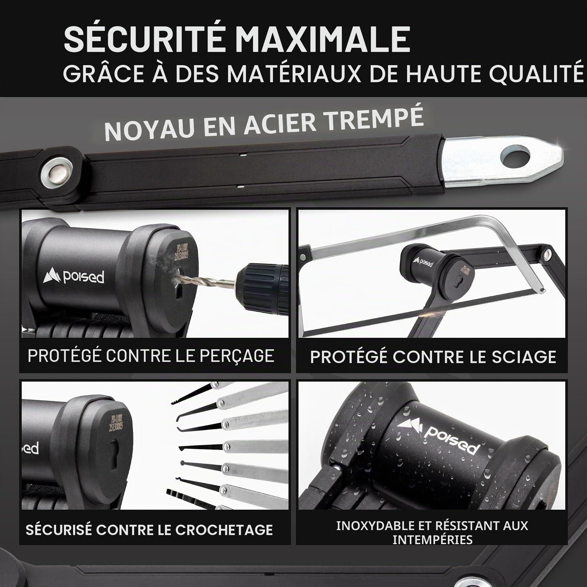 Poised Antivol Pliable pour Vélo 120 cm avec Certification ART 2 & Support – Antivol de Vélo de Haute Sécurité en Acier Trempé, Antivol pour E-Bike & Vélo
