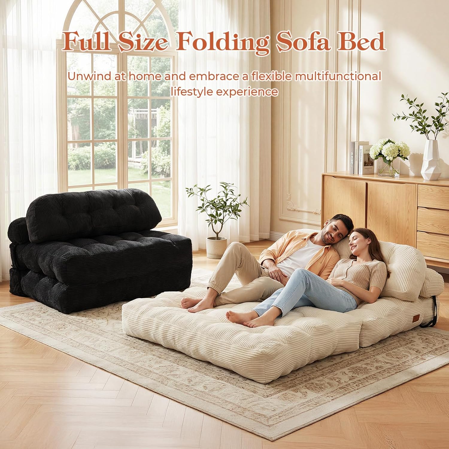 Folding Sofa Bed, Convertible Sleeper Chair with Back Support and Pillow Futon, Boneless Matress, for Living Room/Guest Use/Home Office, Foldable Chair Bed for Adults, Black, Full