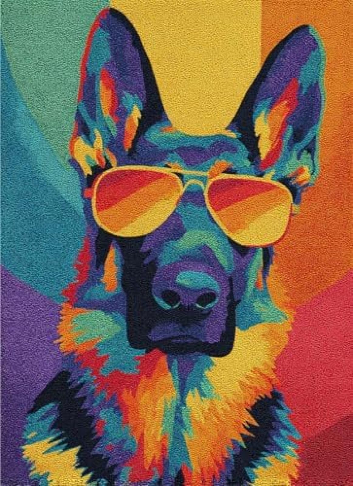 XDEGHUANGSS Latch Hook Rug Kit German Shepherd Dog Puppy Wear Sunglasses Cushion Cover DIY Craft Set Pre-Printed Mat 38x52cm for Home Decor-3